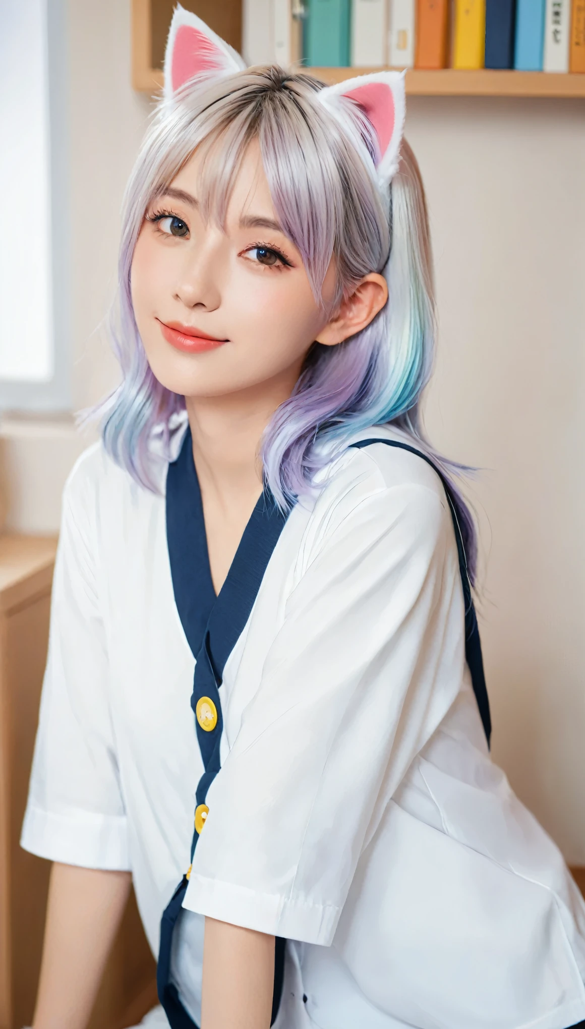 Colored hair and colored clothes in anime ((Cat ears 1girl)), Uniforms pastel vivid, rossdraws cartoon vivid, Anime style 4k, Beautiful anime portrait, colorful art!!!、! Dream Art Bud, Beautiful anime, Cat ears 1girl, Anime style digital art, Anime Art Wallpaper 4K, Anime Art Wallpaper 4K, Digital animation art, Highly detailed art germ, Uniforms, whole body, Sitting in her office, white hair, Front view, giggle,