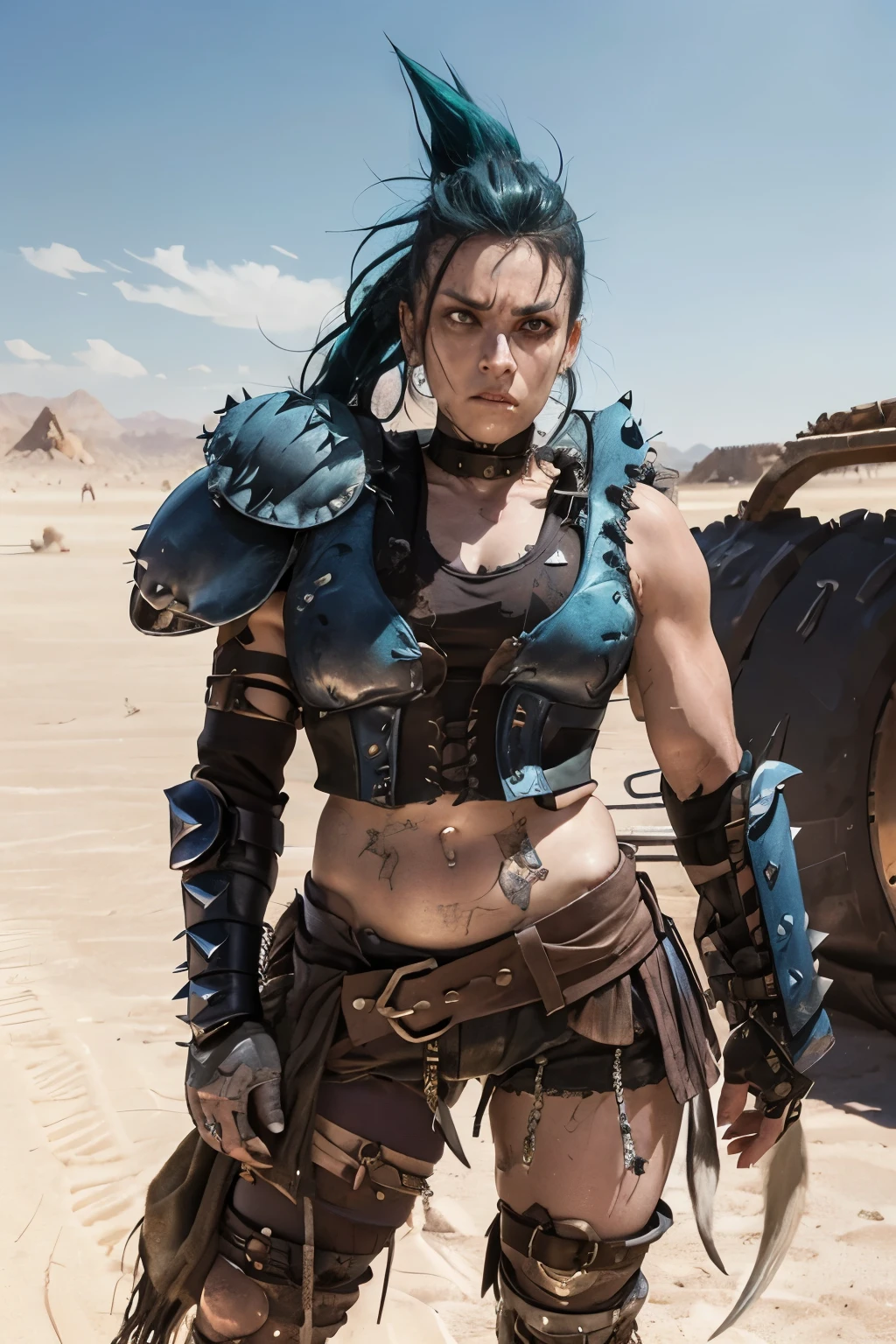 Very Ugly Female barbarian wearing post-apocalyptic armor, cleavage, shoulder pads, she has a square jaw and is very unattractive, she is a butch lesbian with blue spiked hair and she has large muscles, biceps, she is very angry looking, standing in the desert 