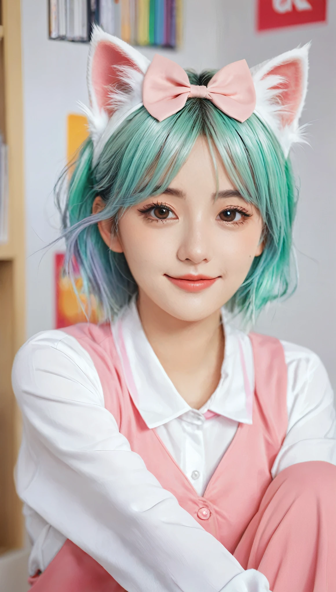 Colored hair and colored clothes in anime ((Cat ears 1girl)), Uniforms pastel vivid, rossdraws cartoon vivid, Anime style 4k, Beautiful anime portrait, colorful art!!!、! Dream Art Bud, Beautiful anime, Cat ears 1girl, Anime style digital art, Anime Art Wallpaper 4K, Anime Art Wallpaper 4K, Digital animation art, Highly detailed art germ, Uniforms, whole body, Sitting in her office, white hair, Front view, giggle,