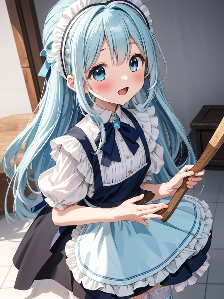 masterpiece, best quality, extremely detailed, (illustration, official art:1.1), 1 girl ,(((( light blue long hair)))), ,(((( light blue long hair)))),light blue hair, ,10 years old, long hair ((blush)) , cute face, big eyes, masterpiece, best quality,(((((a very delicate and beautiful girl))))),Amazing,beautiful detailed eyes,blunt bangs((((little delicate girl)))),tareme(true beautiful:1.2), sense of depth,dynamic angle,,,, affectionate smile, (true beautiful:1.2),,(tiny 1girl model:1.2),)(flat chest)),masterpiece,best quality, masterpiece, highres, solo, (arisu_bluearchive:1.10), 1girl, absurdly long hair, black dress, blush, frilled apron, looking at viewer, maid apron, maid headdress, official alternate costume, ponytail, puffy short sleeves, white apron, borrowed clothes, open mouth,white thighhighs, black footwear, holding mop, shoes, simple background, white background, :d, broom, garter straps, ribbon, water, Picture holding a bamboo broom
