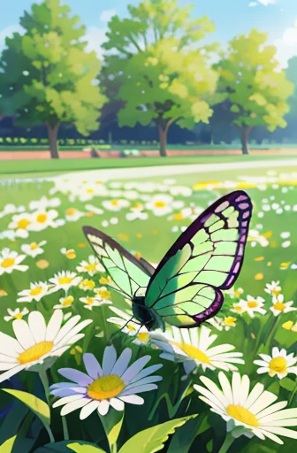 (best quality,highres),ultra-detailed,(realistic:1.37),illustration,garden setting,daisy flowers,butterflies flying,soft lighting,portrait style,vivid colors,cheerful atmosphere,blissful expression,green grass,peaceful background,clear sky,playful pose