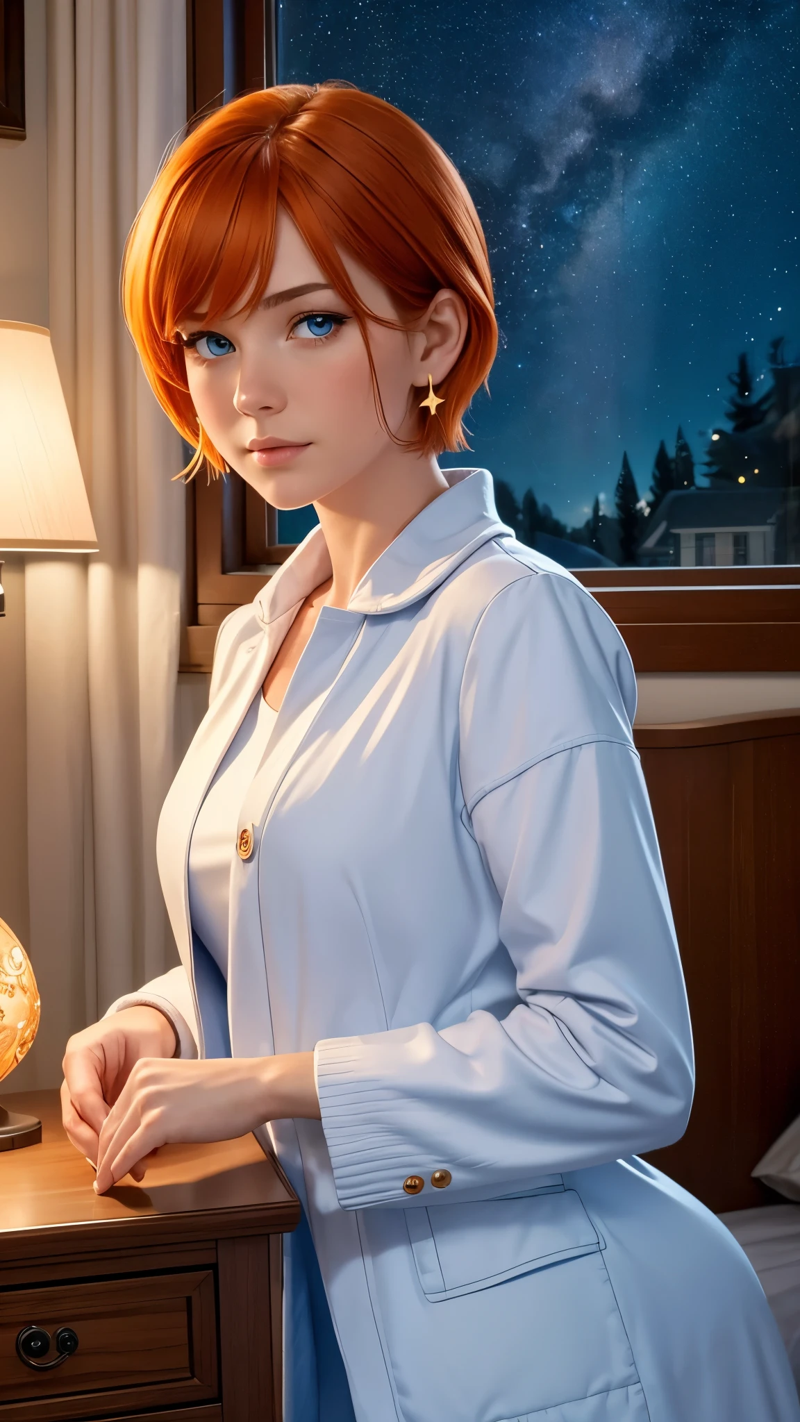 best quality, (masterpiece:1.2), illustration, absurdres, (1girl, solo), (beautiful detailed girl), ((upper body, portrait)),, Kaela MacMillan, short hair, orange hair, blue eyes, medium breasts, blue crystal earrings, white jacket, , cool, calm, looking at viewer,, inside elegant bedroom, night, window, curtain, starry sky, lamp, bookcase, nightstand, vase, desk,