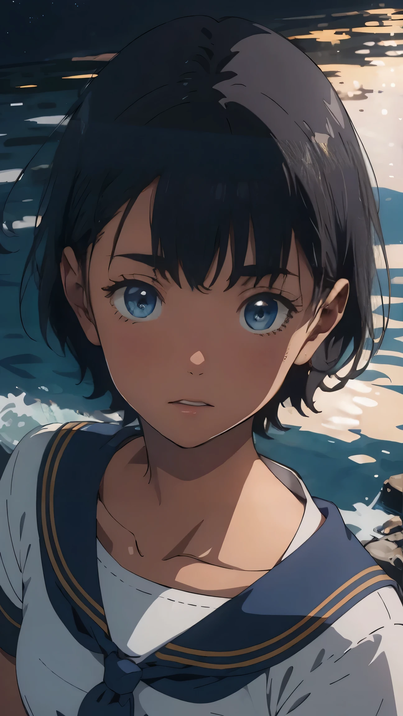 {{kofune mio}}, {summertime render}, blue eyes, black short hair, Calm expression,A faint blush, medium breasts, dark skin, dark-skinned female, white serafuku, short sleeves, black neckerchief, 1girl, solo,very aesthetic, best quality, amazing quality, ,curated, illustration, highly detailed, anime coloring,Night sea background
BREAK
Golden Hour, (Rim Light):1.2, Warm tones, Solar flare, Soft Shadows, Vibrant colors, Painterly effect, Dream-like atmosphere 
BREAK
Beautiful sea, Calm water, reflection, Clouds illuminated by the moon, Peaceful atmosphere, Beautiful starry sky, Super detailed, Official Art, unity 8k wallpaper , Tangled, Mandala,A slight red tide,(Top view:1.2),(A face waiting for a kiss:1.3)