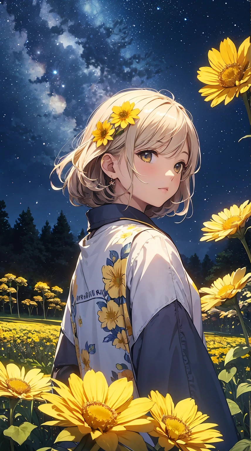 masterpiece、background((fantastic starry sky、swarm of astronauts、Yellow flowers shining here and there、flower garden))、About 30 years old、Beauty、Magic、It's big enough to spill out of a giant tee..、The embroidery on this revealing yellow minidress is great.、No shoulders、breast exposure、take it off、She has a beautiful flower decoration on her head、strong wind、panties、The underwear is visible