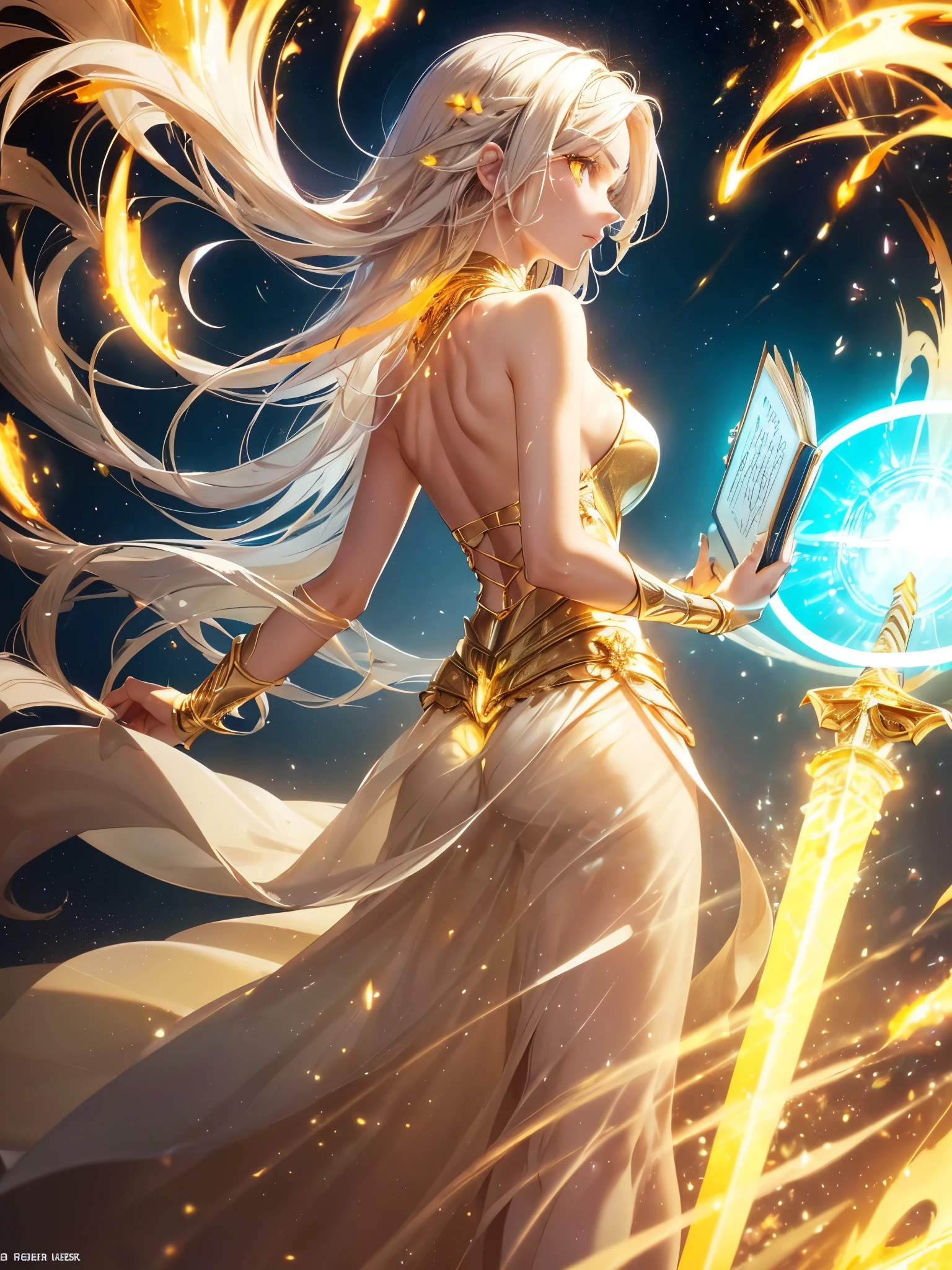 a goddess of wisdom, mature look, Toning the body, white skin, fine face, (Glowing clothing masterpiece:1.4), pure white fabric strapless tube top dress, luminous golden belt, luminous Golden arm Armor, golden leg armor, high detail armor, (a glowing sword-shaped figure appears on the back:1.5), (The left hand holds a glowing book:1.6), (((glowing beige white hair streaked luminous yellow hair))), (single sidelock short wavy hair), (hair strand), shiny hair, (((colored eyelashes and eyebrows))), (glowing yellow gradient amber eyes:1.2), (an upright golden eye on the forehead:1.4), some clouds swirling float behind shoulders, (((some floating luminous characters surround))), Detailed background, Detailed book, god rays, ray tracing, reflection light, sparkle, motion blur, perfect layer cut, perfect layer transition, (/full body/side view/back view with face back), glowing light, UHD, perfect CG, CG unity, anime, masterpiece, super detail, best quality, retina, ccurate, Octane Render