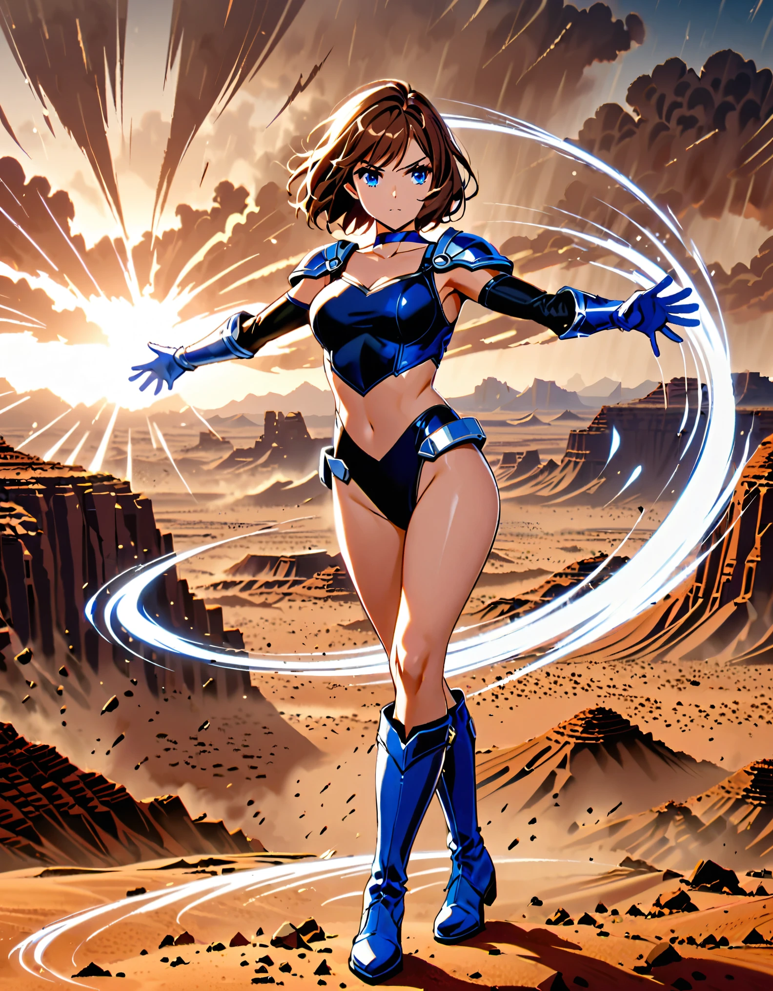 1girl, superhero, blue choker, blue eyes, blue footwear, blue gloves, boots, (leotard, midriff, long sleeves), medium breasts, brown hair, knee boots, short hair, bob hair, solo, determined, full body, desert backdrop, sandstorm, college-age female. raised arms, ((only five fingers)). She spins at an incredible speed, creating a whirlwind of air around her. She rotates her body in place at super speed. She spins fast in place like a tornado. Cyclone spinning. Rapid gyration. Tornado winds around her. She super-spins. Spiral lines around her body. Curved sword slash.