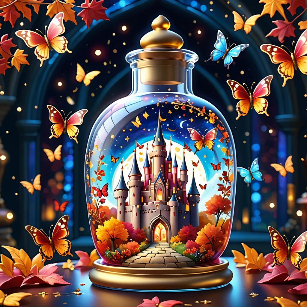 Bright cartoon, Magical autumn vibrant castle、Delicately arranged in a large, ornate glass bottle, Twinkling Star々surrounded by the vast universe of swirling galaxies, Gold and crimson leaves in a jar, And beautiful butterflies, Masterpieces with up to 16K resolution, Great quality