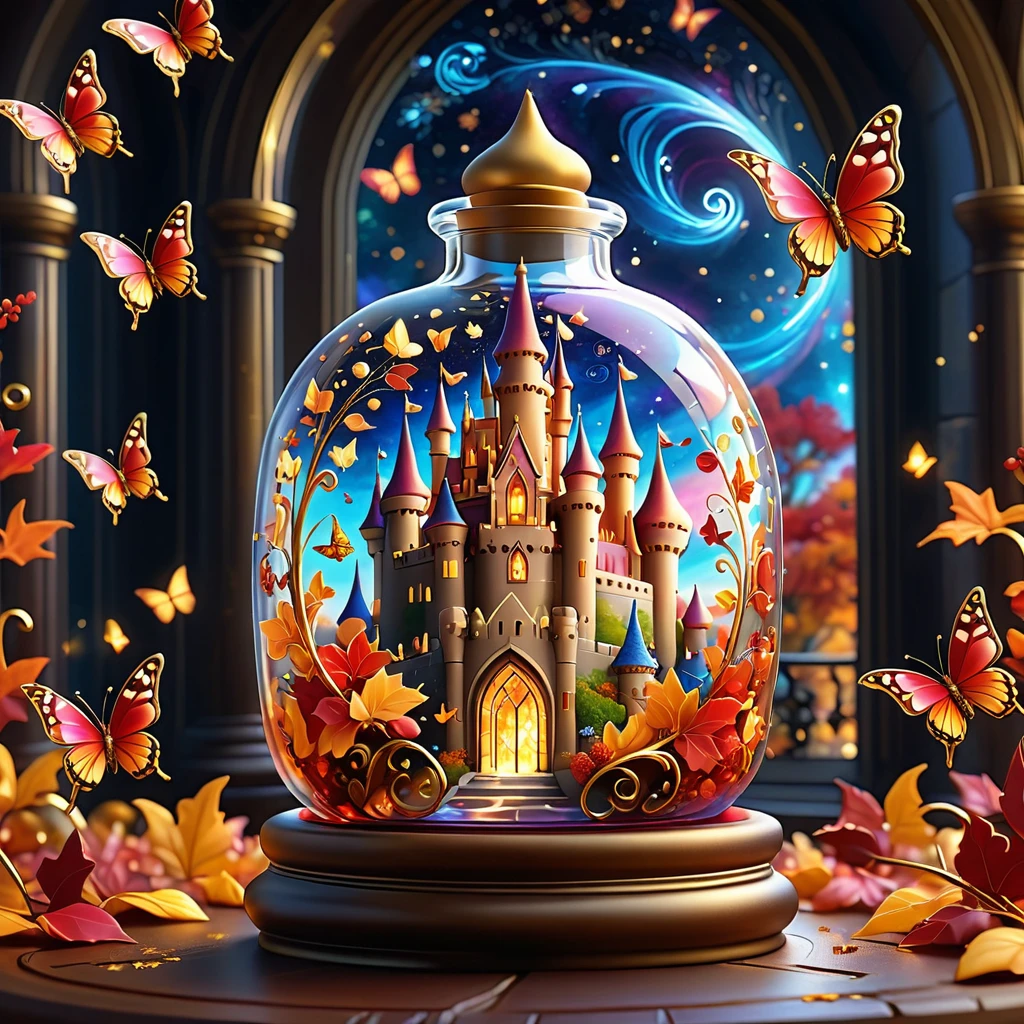 Bright cartoon, Magical autumn vibrant castle、Delicately arranged in a large, ornate glass bottle, Twinkling Star々surrounded by the vast universe of swirling galaxies, Gold and crimson leaves in a jar, And beautiful butterflies, Masterpieces with up to 16K resolution, Great quality