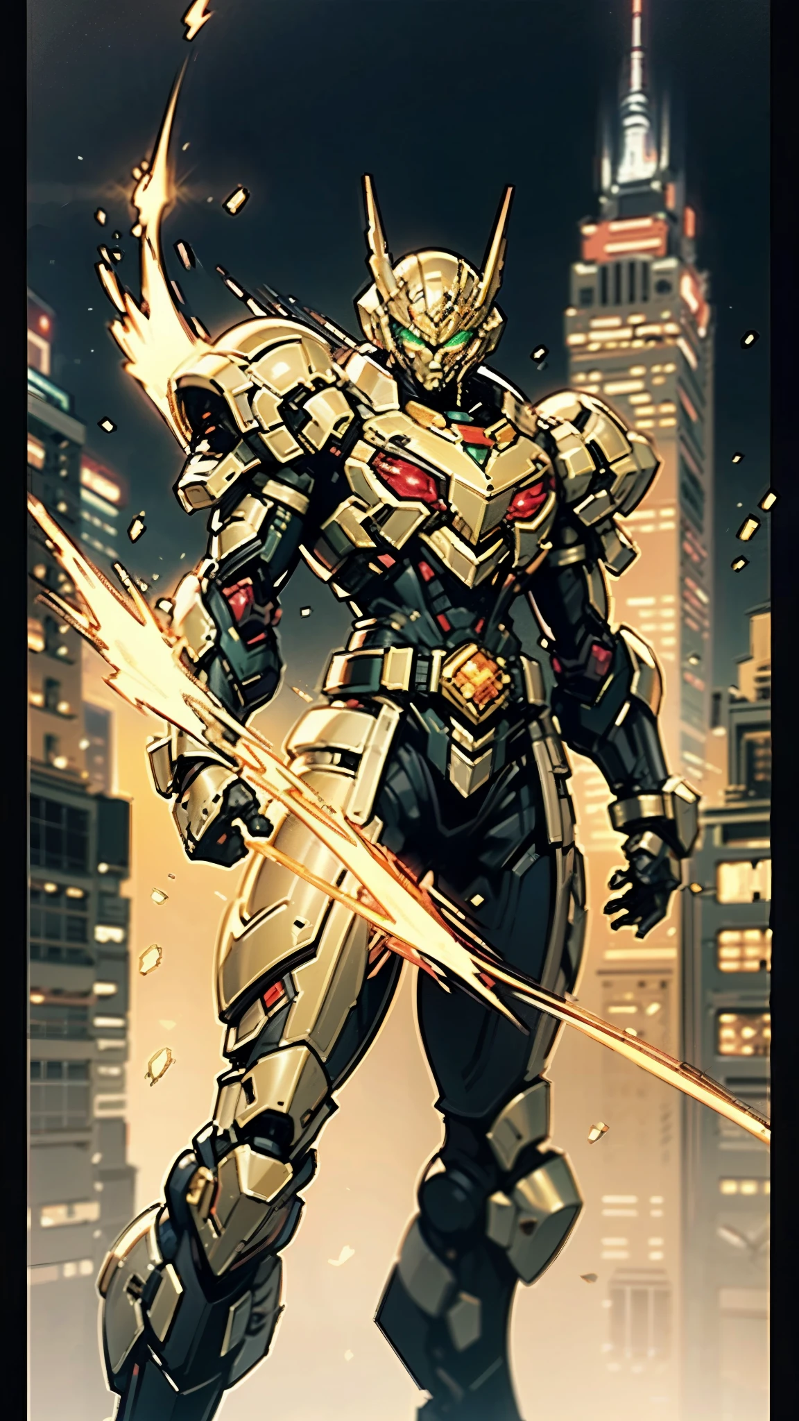 A man wearing a full-face helmet, a fantasy-style biotech armored combat suit, green eyes, (a composite layered chest armor), fully enclosed shoulder guards, matching arm and leg guards, the belt is adorned with dragon claw grasping orbs, (the color scheme is primarily black with red accents), the design balances heavy with agility, a high-tech bio-mecha armor, (Armor Concept Inspired by Dragons, stand on the top of a skyscraper in a futuristic sci-fi city), this character embodies a finely crafted fantasy-surreal style armored hero in anime style, exquisite and mature manga art style, (element, plasma, energy, the armor glows), ((male:1.5)), metallic, real texture material, dramatic, high definition, best quality, highres, ultra-detailed, ultra-fine painting, extremely delicate, professional, perfect body proportions, golden ratio, anatomically correct, symmetrical face, extremely detailed eyes and face, high quality eyes, creativity, RAW photo, UHD, 32k, Natural light, cinematic lighting, masterpiece-anatomy-perfect, masterpiece:1.5
