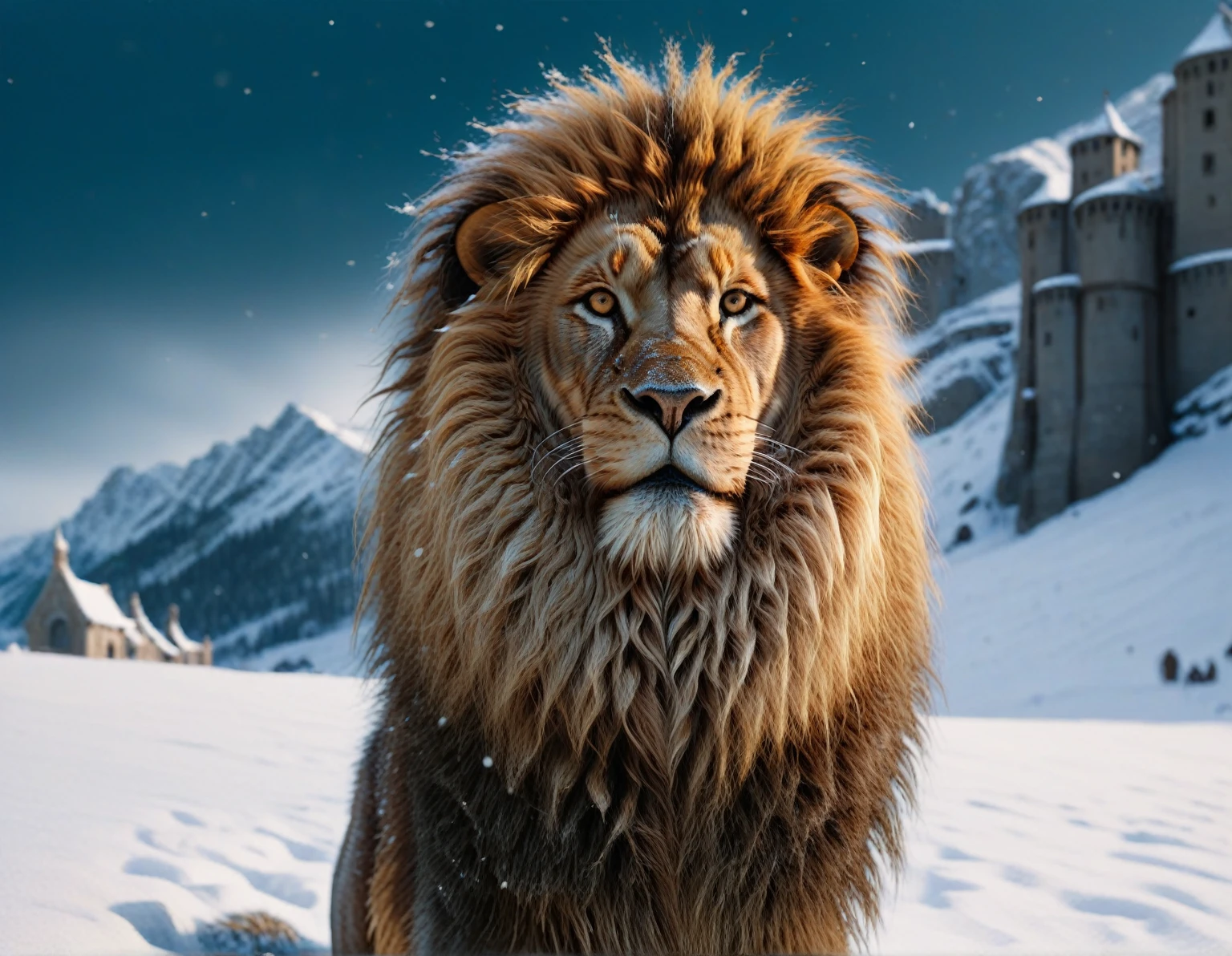  the chronicles of narnia, Aslan in the dense snow, cair paravel in the background, hyper-realistic close-up image, 8k resolution, cinematic lighting, UHD, HDR, RAW,  intricated details, color grading,  gradient map, epic masterpiece, film poster style, delicate detailing,subtle texture,soft-focus effect,soft shadows,minimalist aesthetic,gentle illumination,elegant simplicity,serene composition timeless appeal,visual softness,extremely high quality high detail RAW color photo,professional lighting,sophisticated color grading,sharp focus,soft bokeh,striking contrast,dramatic flair,depth of field,seamless blend of colors,CGI digital painting,cinematic still 35mm,CineStill 50D,800T,natural lighting,shallow depth of field,crisp details,hbo netflix film color LUT,32K,UHD,HDR,film light,panoramic shot,breathtaking,hyper-realistic,ultra-realism,high-speed photography,perfect contrast,award-winning phography,directed by lars von trie