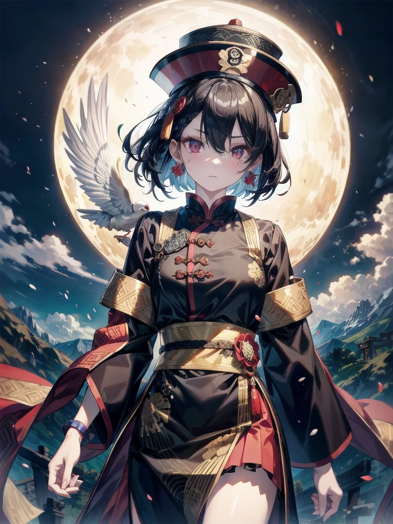 cemetery, dress, braid, chinese clothes, headwear, ofuda, jiangshi, qing guanmao, absurdres, RAW photo, extremely delicate and beautiful, masterpiece, Best Quality, ultra high resolution, 32k, hyperrealistic, ultra-detailed, detailed description, pale skin, 20 years old, tearful mole, earring, Colossal tits, short medium hair, wavy hair, whole body shot,
