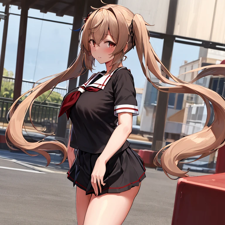 masterpiece, best quality, highres, aamurasa, long hair, twintails, enormous breasts, , white sailor collar, red neckerchief, sailor shirt, black shirt, short sleeves, black skirt, pleated skirt, cowboy shot, standing blush smile, outdoors, straight-on, 