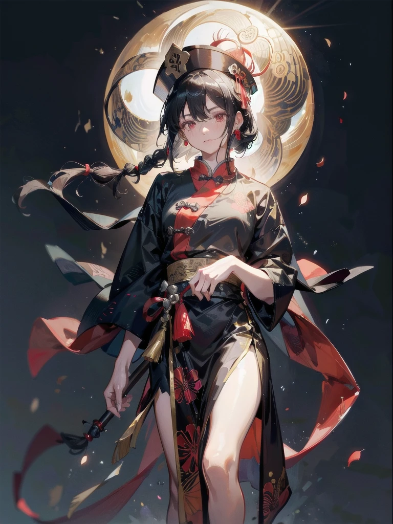 cemetery, dress, braid, chinese clothes, headwear, ofuda, jiangshi, qing guanmao, absurdres, RAW photo, extremely delicate and beautiful, masterpiece, Best Quality, ultra high resolution, 32k, hyperrealistic, ultra-detailed, detailed description, pale skin, 20 years old, tearful mole, earring, Colossal tits, short medium hair, wavy hair, whole body shot,