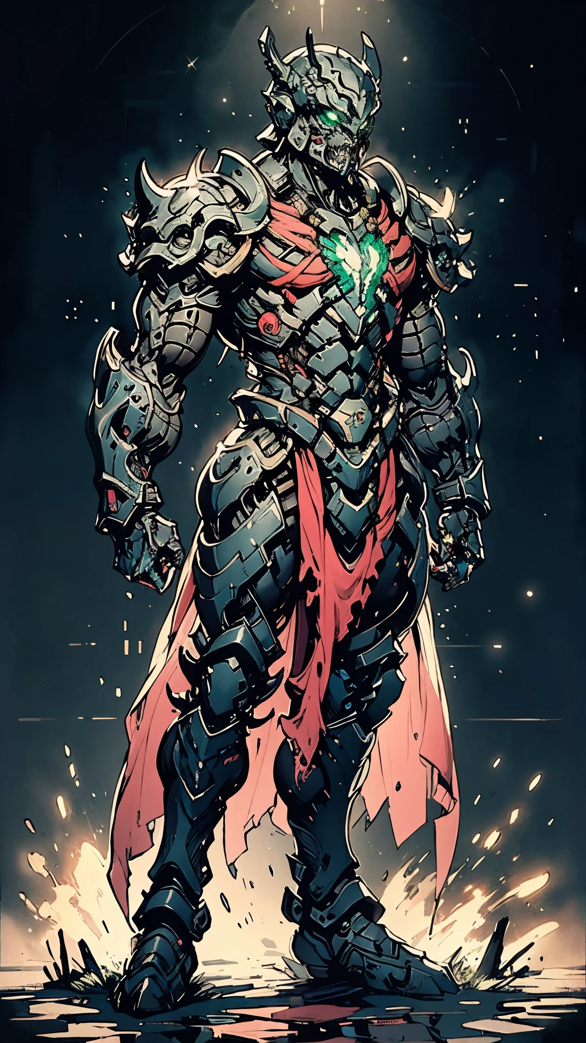 A man wearing a full-face helmet, a fantasy-style biotech armored combat suit, green eyes, (a composite layered chest armor), fully enclosed shoulder guards, matching arm and leg guards, the belt is adorned with fangs biting into orbs, (the color scheme is primarily black with red accents), the design balances heavy with agility, a high-tech bio-mecha armor, (Armor Concept Inspired by Wolf, stand on the top of a skyscraper in a futuristic sci-fi city), this character embodies a finely crafted fantasy-surreal style armored hero in anime style, exquisite and mature manga art style, (element, plasma, energy, the armor glows), ((male:1.5)), metallic, real texture material, dramatic, high definition, best quality, highres, ultra-detailed, ultra-fine painting, extremely delicate, professional, perfect body proportions, golden ratio, anatomically correct, symmetrical face, extremely detailed eyes and face, high quality eyes, creativity, RAW photo, UHD, 32k, Natural light, cinematic lighting, masterpiece-anatomy-perfect, masterpiece:1.5