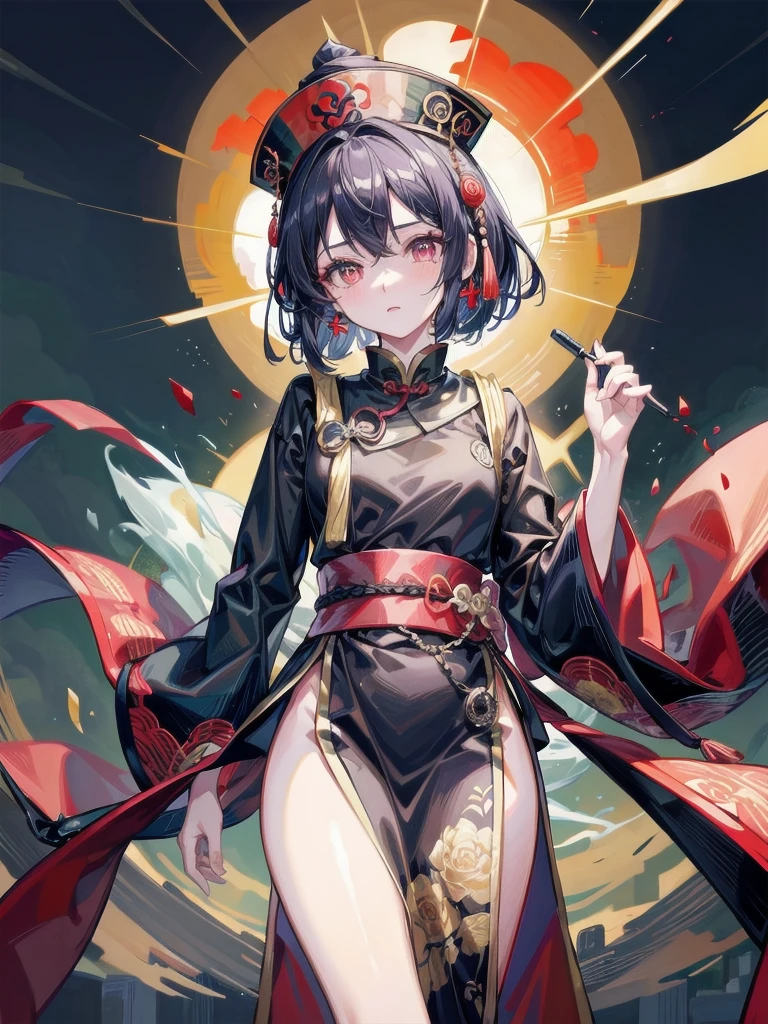 cemetery, dress, braid, chinese clothes, headwear, ofuda, jiangshi, qing guanmao, ofuda, night, small moon, absurdres, RAW photo, extremely delicate and beautiful, masterpiece, Best Quality, ultra high resolution, 32k, hyperrealistic, ultra-detailed, detailed description, pale skin, 20 years old, tearful mole, earring, Colossal tits, short medium hair, wavy hair, whole body shot,