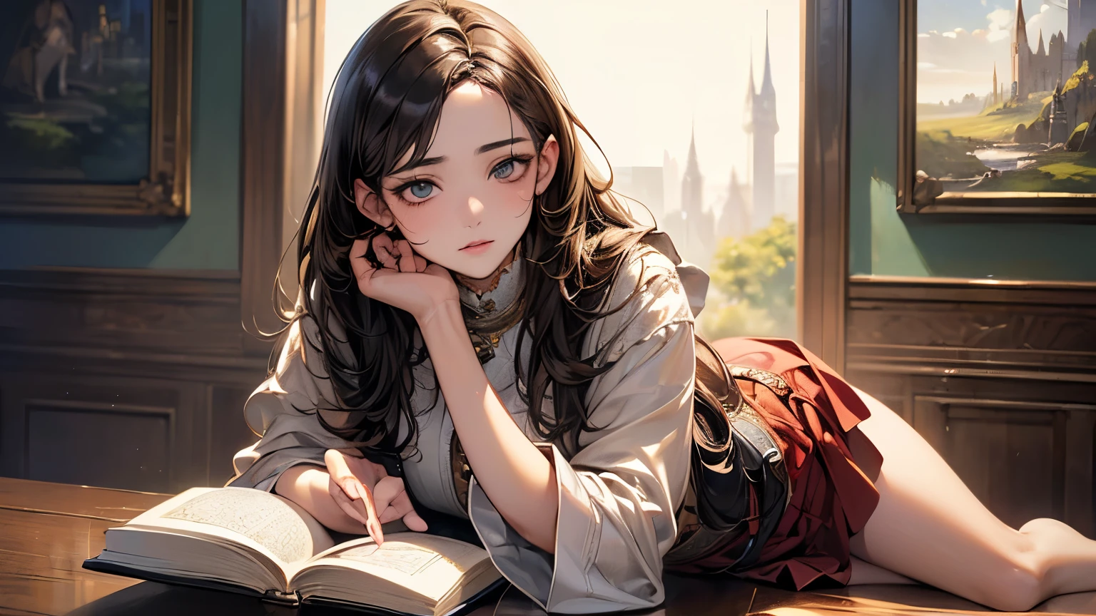 ((highest quality)),(超A high resolution),(Very detailed),(Detailed Description),((The best CG)),(masterpiece),Highly detailed art、(highest quality、8k、32k、masterpiece)、(Realistic)、(Realistic:1.2)、(High resolution)、Very detailed、Very beautiful face and eyes、1 female、((Narrow eyes、Droopy eyes:1.4、fine grain))、Tight waist、Delicate body、(highest quality、Attention to detail、Rich skin detail)、(highest quality、8k、Oil paint:1.2)、Very detailed、(Realistic、Realistic:1.37)、Bright colors,mini skirt,Attractive legs,Reading a book