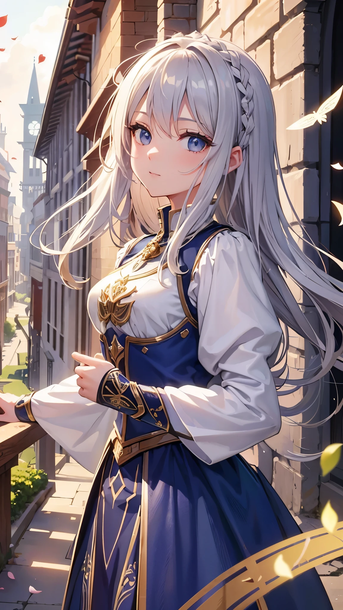 Medieval town, 1People Girls, Princess Knight, Long sword, Silver armor, Food, Asahi, Rose petals flutter, blonde hair, hair behind ear, Art Deco, depth of field, drop shadow, UHD, best quality, highres, 4K, high details