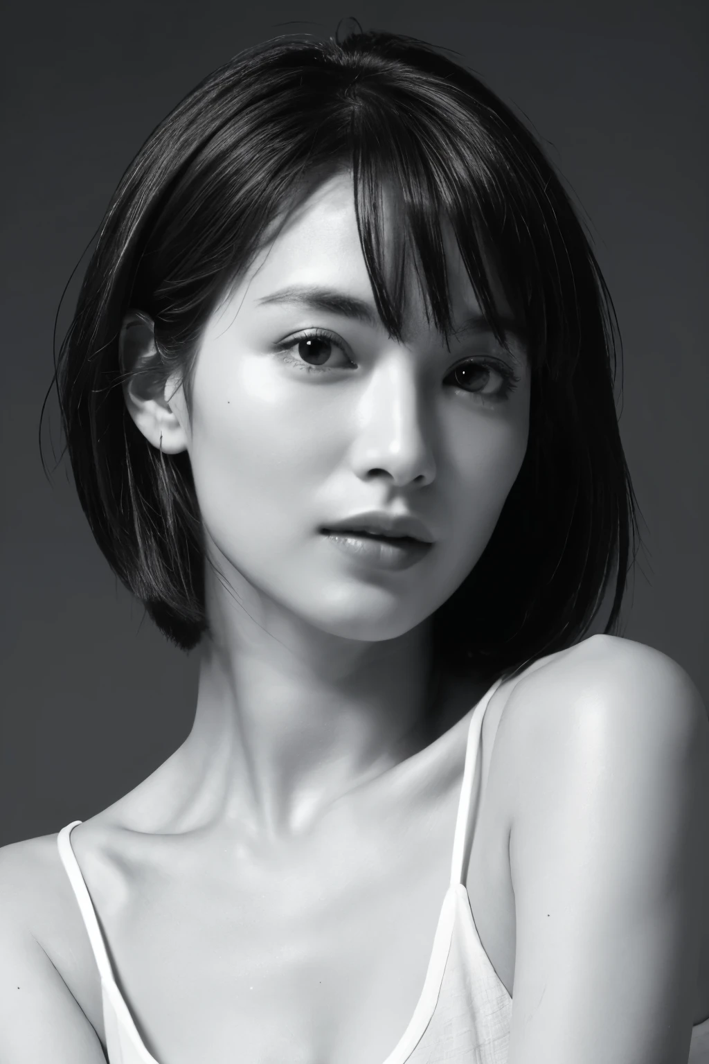 Tabletop, highest quality, Photorealistic, Very detailed, finely, High resolution, 8k wallpaper, RAW Photos, Professional, High level of detail, (((Black and white photography))), 1 girl, (Look forward), Upper Body, short hair, Shapely small breasts, Perfect Face, (((Only lips red))), ((Looking at the camera))
