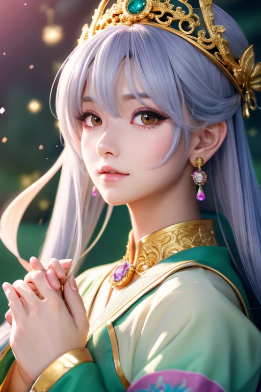High quality CG illustration,((highest quality)), ((masterpiece)), (detailed), Perfect Face,日本の女god,Soft atmosphere,Dragon Dances,Long Hair,Big eyes,cute,Portrait photos,goldの扇子を持つ,Green background,god秘的,Shrine maiden,女god,Beauty,cute,Beauty,The goddess,Anime Style,Anime CG,god様,gem,shine,luxury,god々Shii aura,crystal,dragon,Gal,Heavy makeup,Eyelashes,Feather coat,luxuryな装飾,Facing forward,Anime Style,kimono,Sparkling,gem,左手にcrystal,heart,Benefits,Fortune telling,luxury,gold,luxuryな装飾,luxuryな背景,noble,Love luck,和風の女god,altar,dragongod,Aurora,Rainbow-colored,真Facing forward,luxury絢爛,shine,眩Shii,Aurora,Rich man,wealthy class,Fairy,Gray Hair,Large earrings,Large necklace gemが沢山,Different world ,god社,prayer, Close up portrait of woman with pink hair and crown of flowers, Anime Style 4k, detailedなDigital anime art, 8Kの高品質でdetailedなアート, 美Shiiアニメの肖像画, Anime fantasy artwork, Anime fantasy illustration, anime art wallpaper 4k, anime art wallpaper 4k, Digital anime art, Highly detailed digital art in 4K, Anime Style. 8k