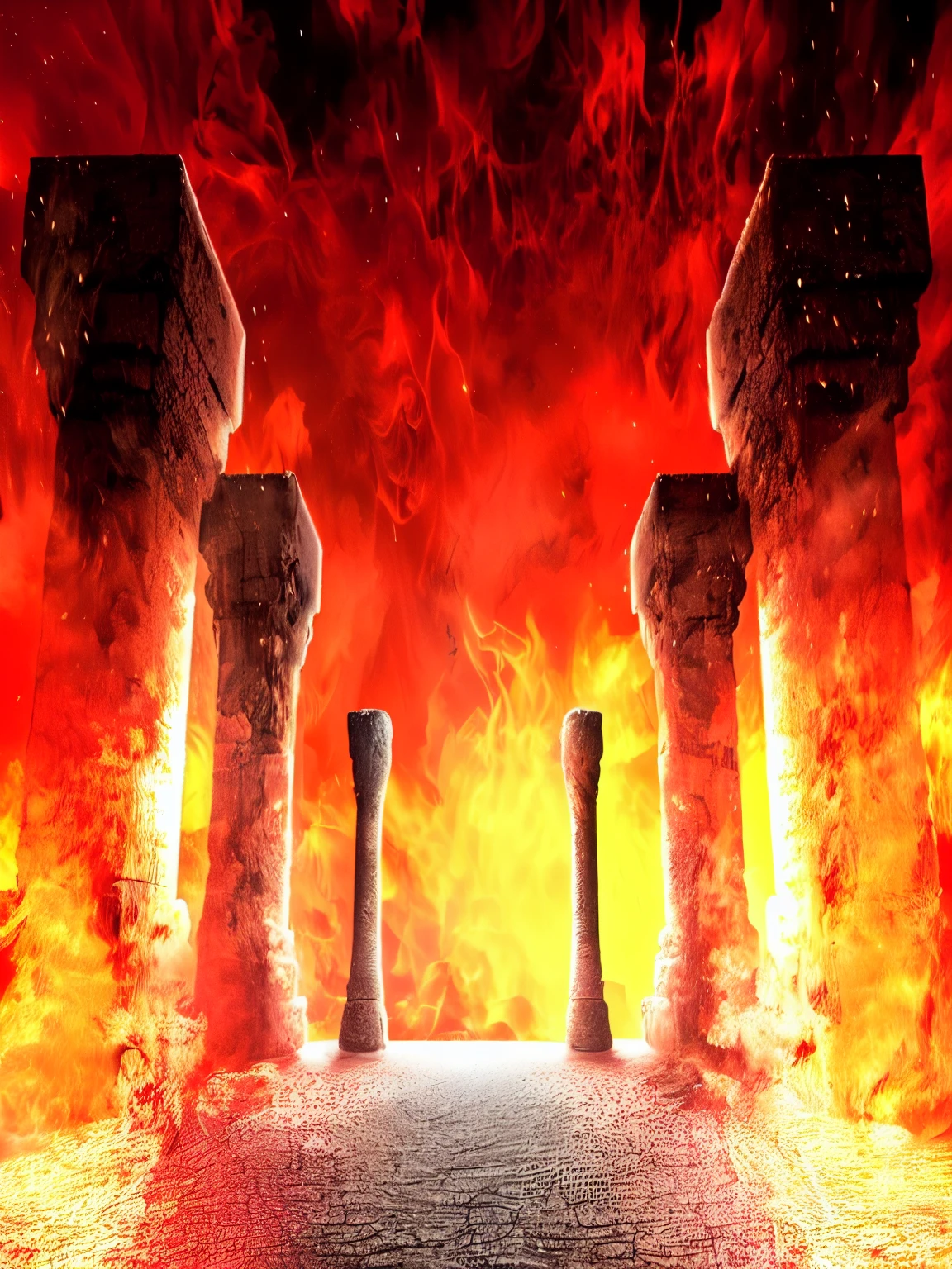 Close-up of a fire scene with pillars and a red sky, Hell Background, an ancient city on fire, Burning battlefield background, hell fire background, Fire and smoke column, The Last Battle of Hell, Hell's Ruins, gate to hell, Burning city background, the gate to hell, the Hell's Gate, Entrance to hell, Hellscape, Hell's Gate