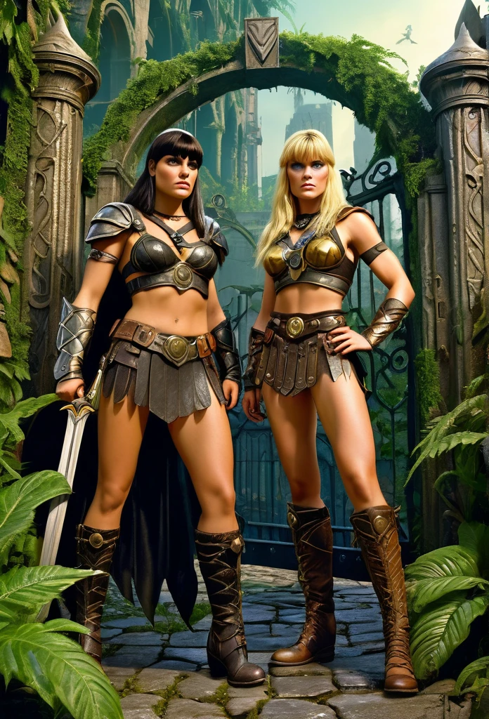 a portrait picture of Xena and her blondie sidekick Gabrielle the Amazon Warriors at the Gate of an ancient and weathered Metropolis City with overgrown plants in the streets, Insanely detailed Scene, realistic, Don Lawrence Style, Octane render