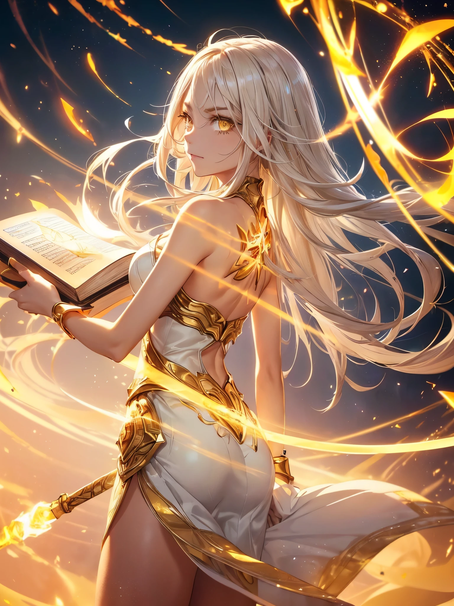 a goddess of wisdom, mature look, Toning the body, white skin, fine face, (Glowing clothing masterpiece:1.4), pure white fabric strapless tube top dress, luminous golden belt, luminous Golden arm Armor, golden leg armor, high detail armor, (a glowing sword-shaped figure appears on the back:1.5), (The left hand holds a glowing book:1.6), (((glowing beige white hair streaked luminous yellow hair))), (single sidelock short wavy hair), (hair strand), shiny hair, (((colored eyelashes and eyebrows))), (glowing yellow gradient amber eyes:1.2), (an upright golden eye on the forehead:1.4), some clouds swirling float behind shoulders, (((some floating luminous characters surround))), Detailed background, Detailed book, god rays, ray tracing, reflection light, sparkle, motion blur, perfect layer cut, perfect layer transition, (/full body/side view/back view with face back), glowing light, UHD, perfect CG, CG unity, anime, masterpiece, super detail, best quality, retina, ccurate, Octane Render