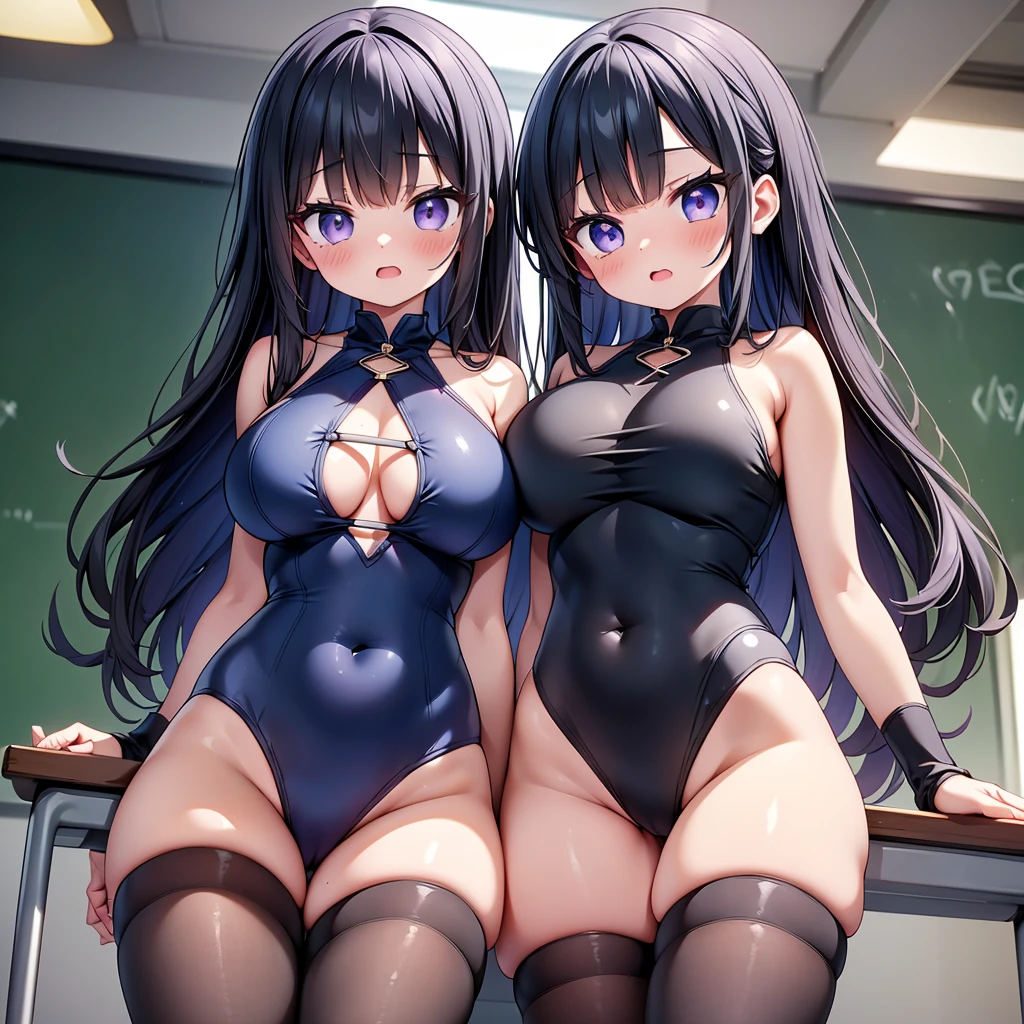 (cute eyes:1.2), (sparkling eyes:1.2), (8K、Best image quality、highest quality、masterpiece)、Detailed face、(2 girls)、Improve、(Black Hair, Purple Eyes, long hair)、(open mouth), (embarrassed), (skinny body:1.3),(huge breasts),(one piece swimsuit:1.2), (Underboob), Sit on a chair, Classroom Background, (black stockings:1.1), (Thighs:1.1), (Waistline:1.1),(close-up shot of bust), (from below:1.2)