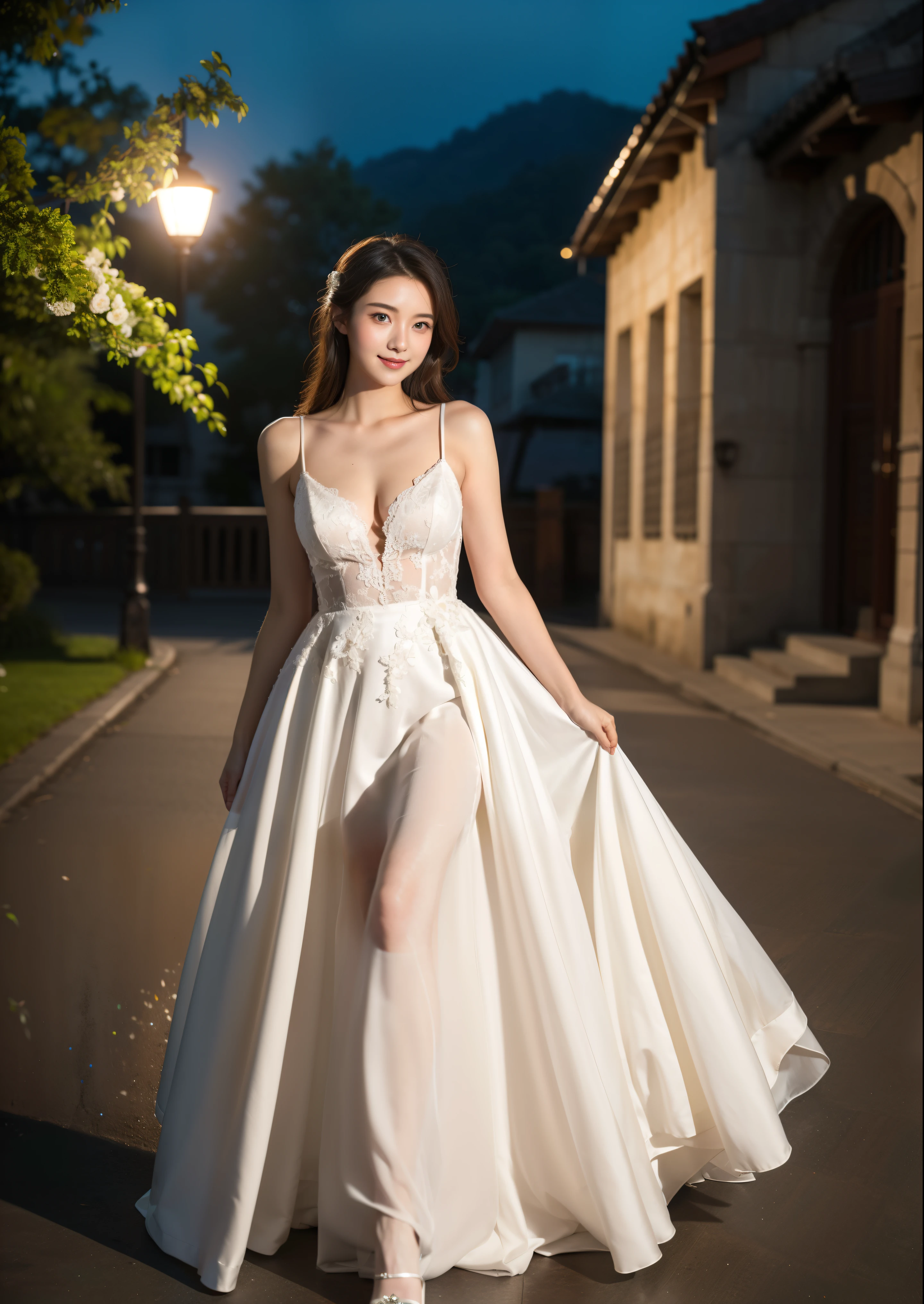 Beautiful 20 year old woman。She is wearing a wedding dress. She is smiling on illuminated by the evening church lights . romantic sunset. her dark brown hair. High resolution、masterpiece、highest quality、頭w:1.0、((Hasselblad Photos))、fine skin、(movie lighting)、clavicle . full body picture.