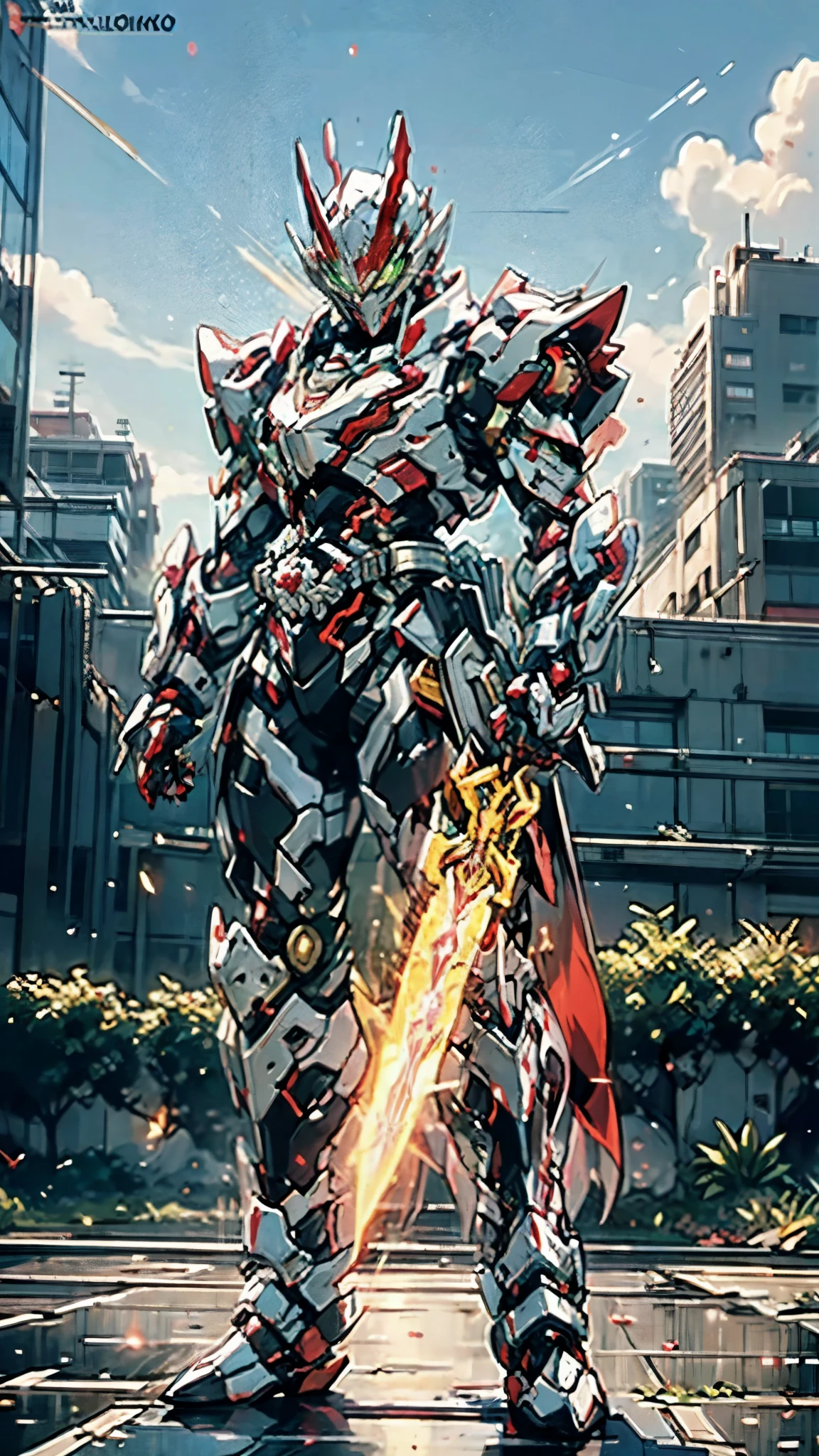 A man wearing a full-face helmet, a fantasy-style biotech armored combat suit, green eyes, (a composite layered chest armor), fully enclosed shoulder guards, matching arm and leg guards, the belt is adorned with fangs biting into orbs, (the color scheme is primarily black with red accents), the design balances heavy with agility, a high-tech bio-mecha armor, (Armor Concept Inspired by Wolf, stand on the top of a skyscraper in a futuristic sci-fi city), this character embodies a finely crafted fantasy-surreal style armored hero in anime style, exquisite and mature manga art style, (element, plasma, energy, the armor glows), ((male:1.5)), metallic, real texture material, dramatic, high definition, best quality, highres, ultra-detailed, ultra-fine painting, extremely delicate, professional, perfect body proportions, golden ratio, anatomically correct, symmetrical face, extremely detailed eyes and face, high quality eyes, creativity, RAW photo, UHD, 32k, Natural light, cinematic lighting, masterpiece-anatomy-perfect, masterpiece:1.5