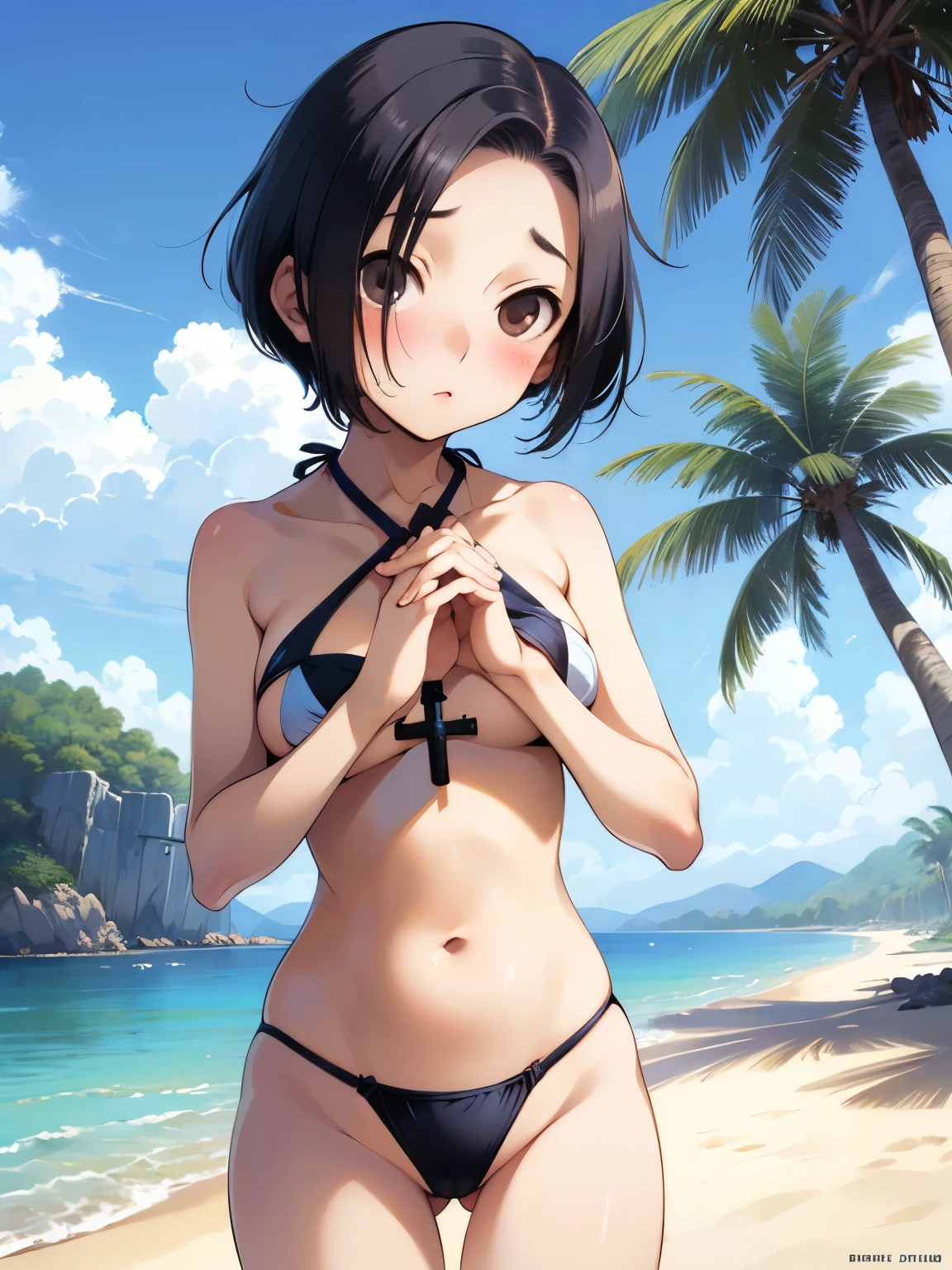 NSFW,Aarinko、short hair、Black Hair、Bobcut、(Cross halter bikini:1.5),Embarrassed,blush,(Perfect hands),(Perfect Anatomy),(masterpiece),(highest quality),Looking up,Lonely look,beach,Palm tree,Rock Shade