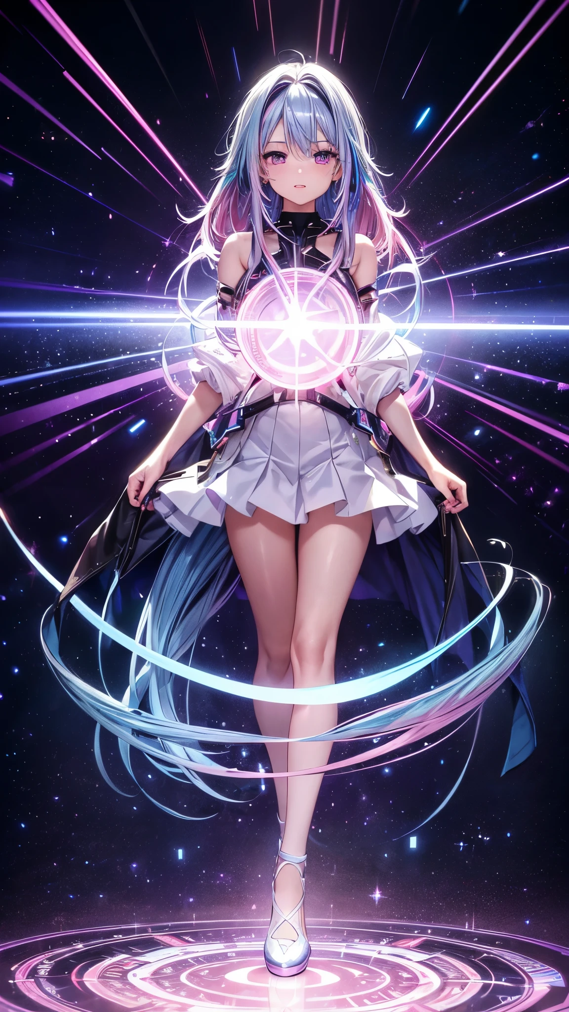 1 girl, 20 year old girl, one person, (Silver blue hair streaked pink purple:1.4), (Gradient sky blue hair ends:1.6), hair strand, absurdly long hair, single sidelock, wavy hair, shiny hair, floating hair, (Illusion deep purple eyes), delicate eyes, aqua eyes, High like real eyes, ((glowing eyes)), makeup, Focus on face, Very detailed facial, hot body, Random environment, Random pose, on the street, looking at the starry night sky, meteor, Technical clothing masterpiece, White extra long skirt, several cross stars beside, Colored lights swirl around the body, (((Extra super huge colorful extra super complex multiple glowing magic circle upright on the back of the head))), cyberpunk, full body shot, realism anime, chiaroscuro, (glowing light), sparkle, ray tracing, cinematic lighting, Futurism, motion blur, perfect transition, god rays, atmospheric perspective, best quality, UHD, super detail, masterpiece, highres, ccurate, retina, Octane Render