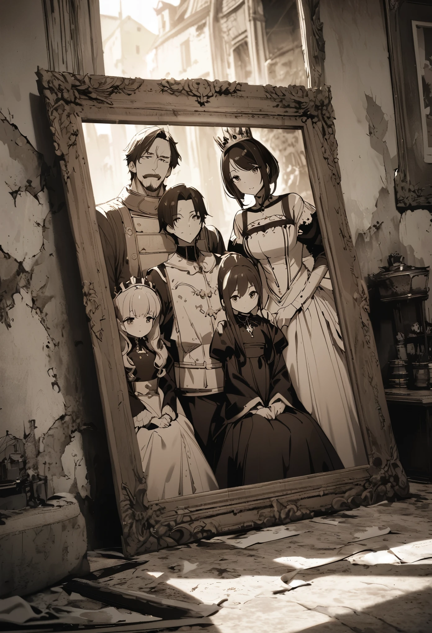 masterpiece, best quality, extremely detailed, anime, Photograph, sepia color, family of three, king, queen, princess, dilapidated wall,