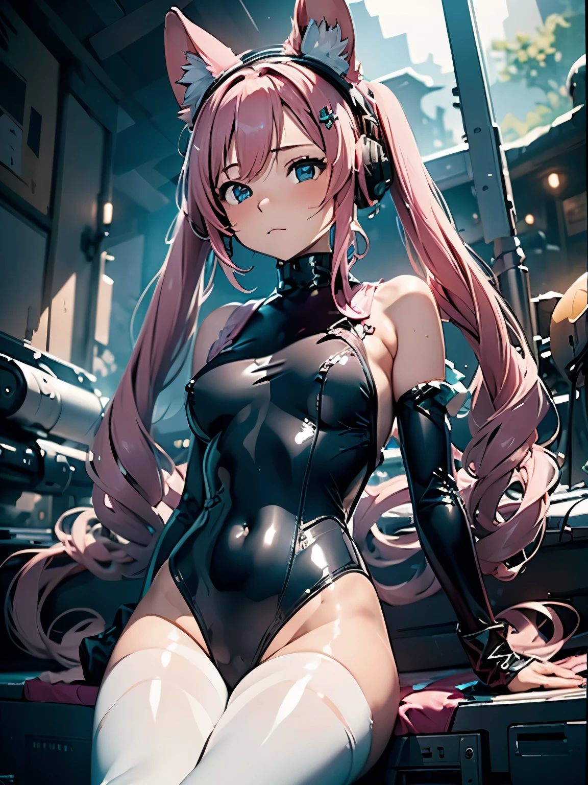 (masterpiece、highest quality、highest quality、Official Art、Beautiful and beautiful:1.2)、(One girl:1.3)Hatsune Miku、Twin tails,Big Breasts,masterpiece, highest quality, 8k, Cinematic Light, Ultra-high resolution, Little, whole body, Cinematic Light, Ultra-high resolution, Little, One girl, Alice \, (Nod\), Pink bodysuit, animal ear headphones, Shiny clothes, Twin tails, Latex bodysuit,