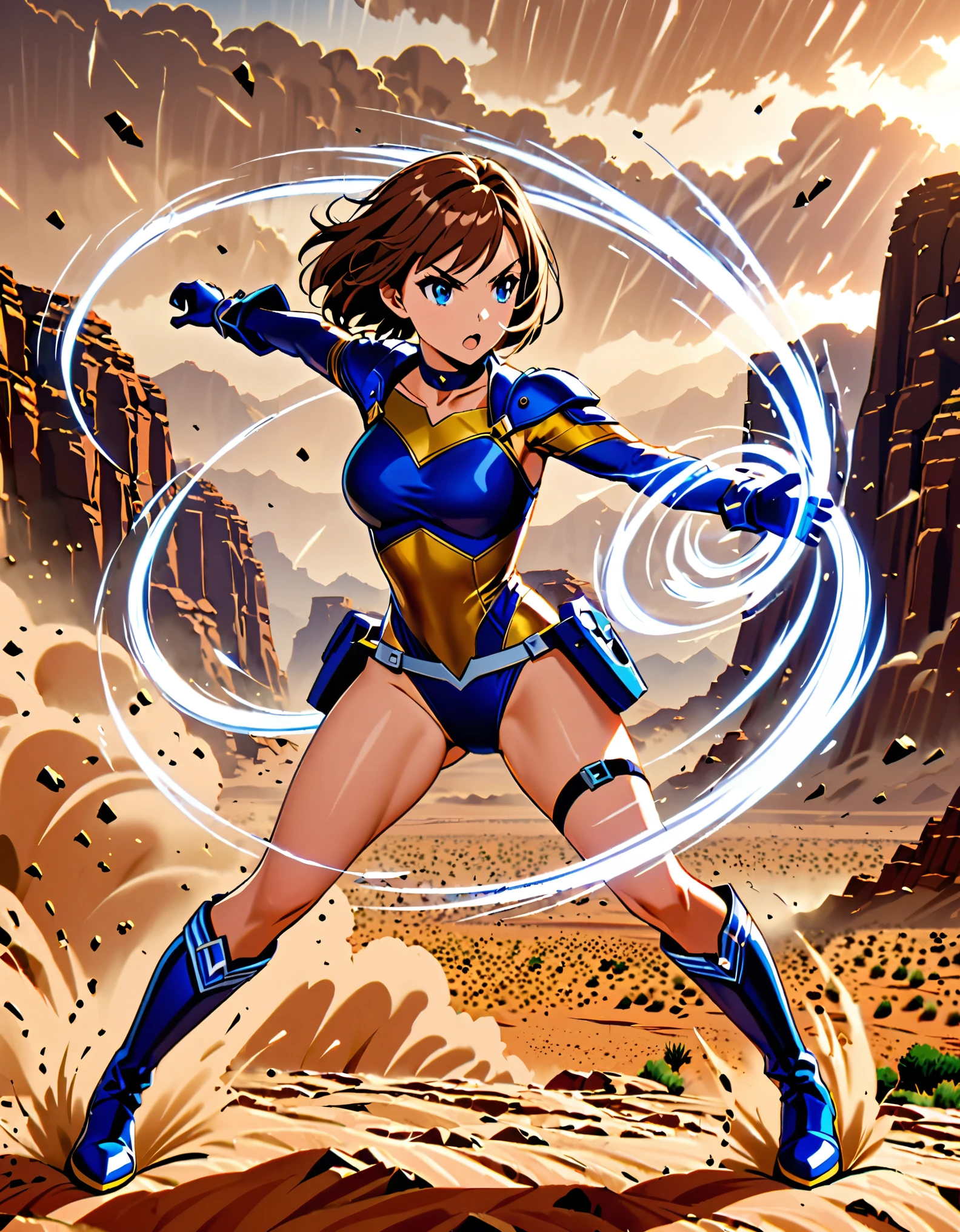 1girl, superhero, blue choker, blue eyes, blue footwear, blue gloves, boots, (leotard, midriff, long sleeves), medium breasts, brown hair, knee boots, short hair, bob hair, solo, determined, full body, desert backdrop, sandstorm, college-age female. raised arms. She spins at an incredible speed, creating a whirlwind of air around her. She rotates her body in place at super speed. She spins fast in place like a tornado. Cyclone spinning. Rapid gyration. Tornado winds around her. She super-spins. Spiral lines around her body. Curved sword slash.