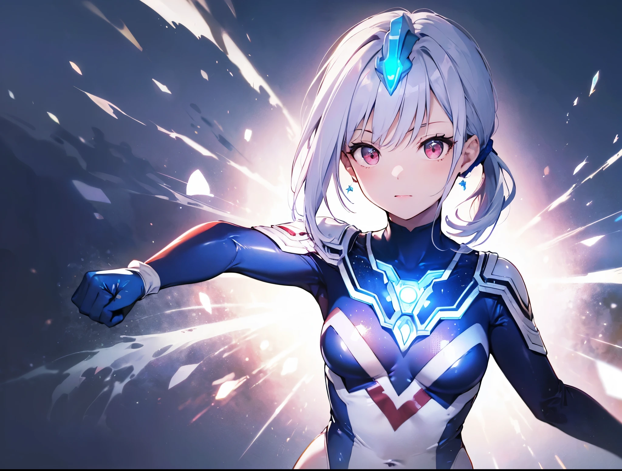 (Close-up:1.3),Realistic,highest quality, Ultra Detail, High-quality CG rendering, The most delicate and beautiful, Floating softly, High resolution, (1 girl), (Highest quality,4K,8K,masterpiece:1.2) ,Light purple hair,Rabbit,Bunny ears,ponytail,Red eyes,(Ultra Girl:1.0),(Bright blue Ultraman bodysuit:1.4),(Blue gloves:1.3),(Blue shoes:1.3),(Upper Body:1.3),(Clenched Fist:1.3),(Place your hands in front of your chest:1.4),(View from the front:1.3)