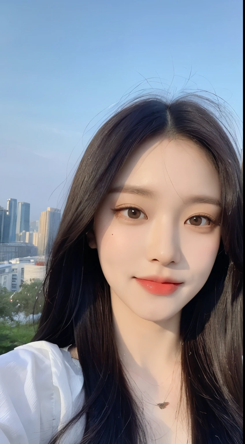 20 years old, pure beauty, Danfeng Eyes, double eyelids, lying silkworm, long eyelashes, black eyes, dark black hair, graceful body, Showing slender waist, casual shirt, new perfect denim, face highlight, Smile, look at me, Half-length photo, background, city evening view, Tyndall Wright, Filter rendering, Ultra-fine, HD, HD, HD picture quality, detail, 18k ultra HD resolution, top effects, masterpiece, Half-length photos.