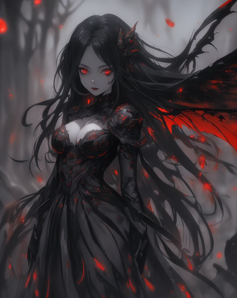 ((Very nice humanoid character young girl)), ((with red eyes of horror)), She is creepy, She is super beautiful, ((Impact meaning - very angry_sexy)), holding a kitchen knife, She is thin, evokes fear, horror, dark, unusually subtle, subtle. Blue fog, evil eye, Glowing eyes, (She is wearing a black ballet dress, short torn.), Located in a park, autumn weather, Cold, Night time, She is in the air, floating, covered in blood, floating, above the ground, 1600s years 02_ Environment in the style of oil painting Art Nouveau, Italian Renaissance masters. A gloomy picture of a battle between an angel warrior and demonic creatures. Luscious oil painting with broad strokes, high detail, pure white skin in the center of the composition. Painting by Bosch, stories by Dante Aligheri, “Divine Hell-Paradise”, chronicles of vampires by Brian Lumley. 02_ High image quality, 4K | Ultra HD | Full HD, cinematic rendering, 3D visualization - a masterpiece, TOP computer graphics ART. Unreal 8K engine, motion capture, dark lighting, strong shading, warm shadows - cool backlight, high detail. (vivid, photorealistic, dramatic, dark, sharp focus, 8K). High detail textures, materials, stone, metal. (shades of gray, red, black, elements, metallic shine, red fire) Film grain, dust and particles in the air.