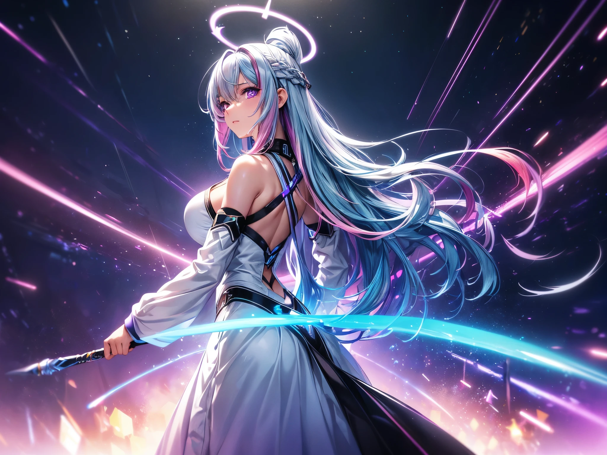 1 girl, 20 year old girl, one person, (Silver blue hair streaked pink purple:1.4), (Gradient sky blue hair ends:1.6), hair strand, absurdly long hair, single sidelock, wavy hair, shiny hair, floating hair, (Illusion deep purple eyes), delicate eyes, aqua eyes, High like real eyes, ((glowing eyes)), makeup, Focus on face, Very detailed facial, hot body, Random environment, Random pose, on the street, looking at the starry night sky, meteor, Technical clothing masterpiece, White extra long skirt, several cross stars beside, Colored lights swirl around the body, (((Extra super huge colorful extra super complex multiple glowing magic circle upright on the back of the head))), cyberpunk, full body shot, realism anime, chiaroscuro, (glowing light), sparkle, ray tracing, cinematic lighting, Futurism, motion blur, perfect transition, god rays, atmospheric perspective, best quality, UHD, super detail, masterpiece, highres, ccurate, retina, Octane Render