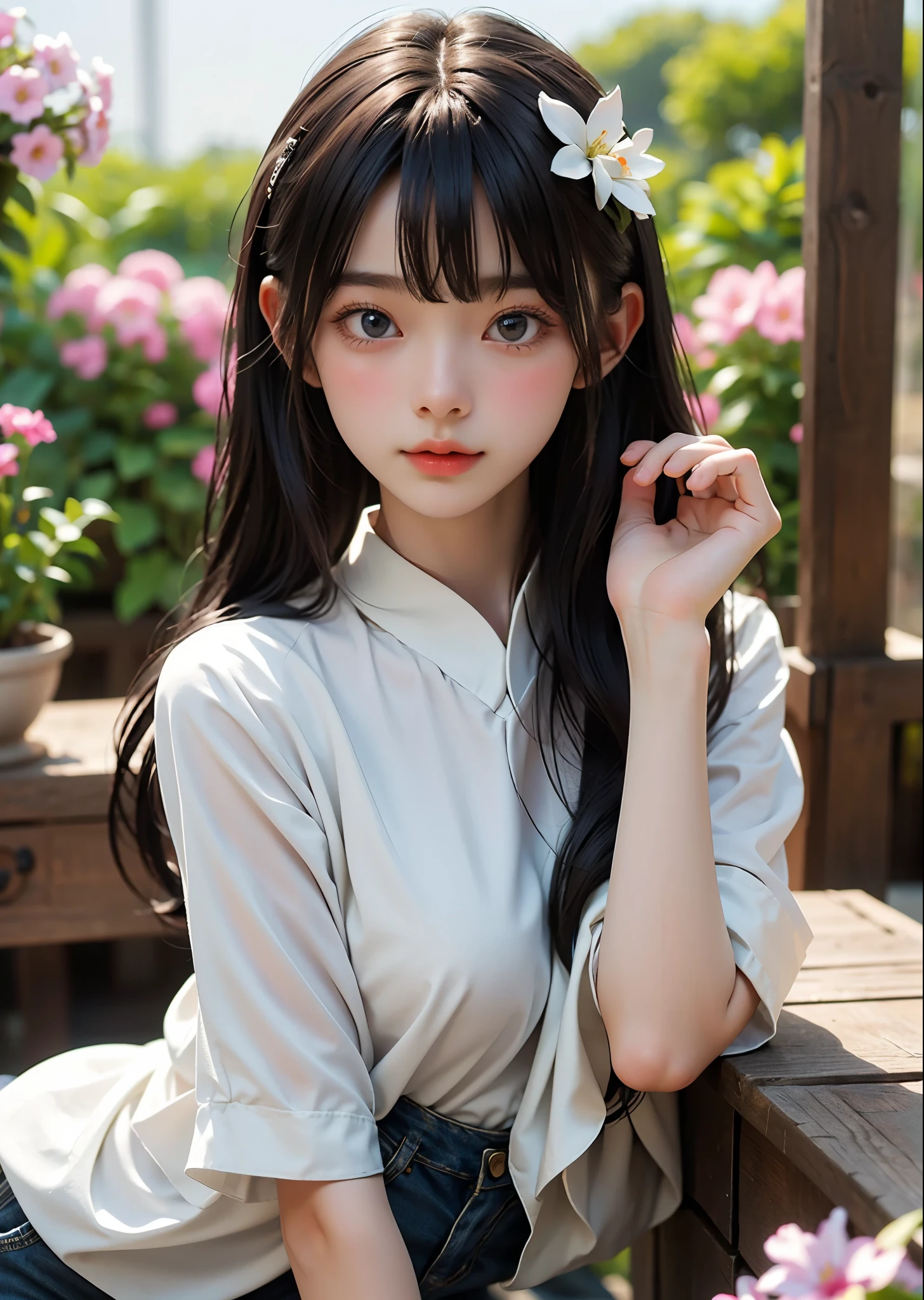 White porcelain female doll、Adult 1 woman、Front facing body and face、Casual shirt and shorts、put on a pedestal、Slim body、Long hair with bangs、Beautiful flowers in the background、、Sharp images、High color reproducibility、Attention to detail、live-action、Alluring、Pop and catchy、Colorful and fun atmosphere