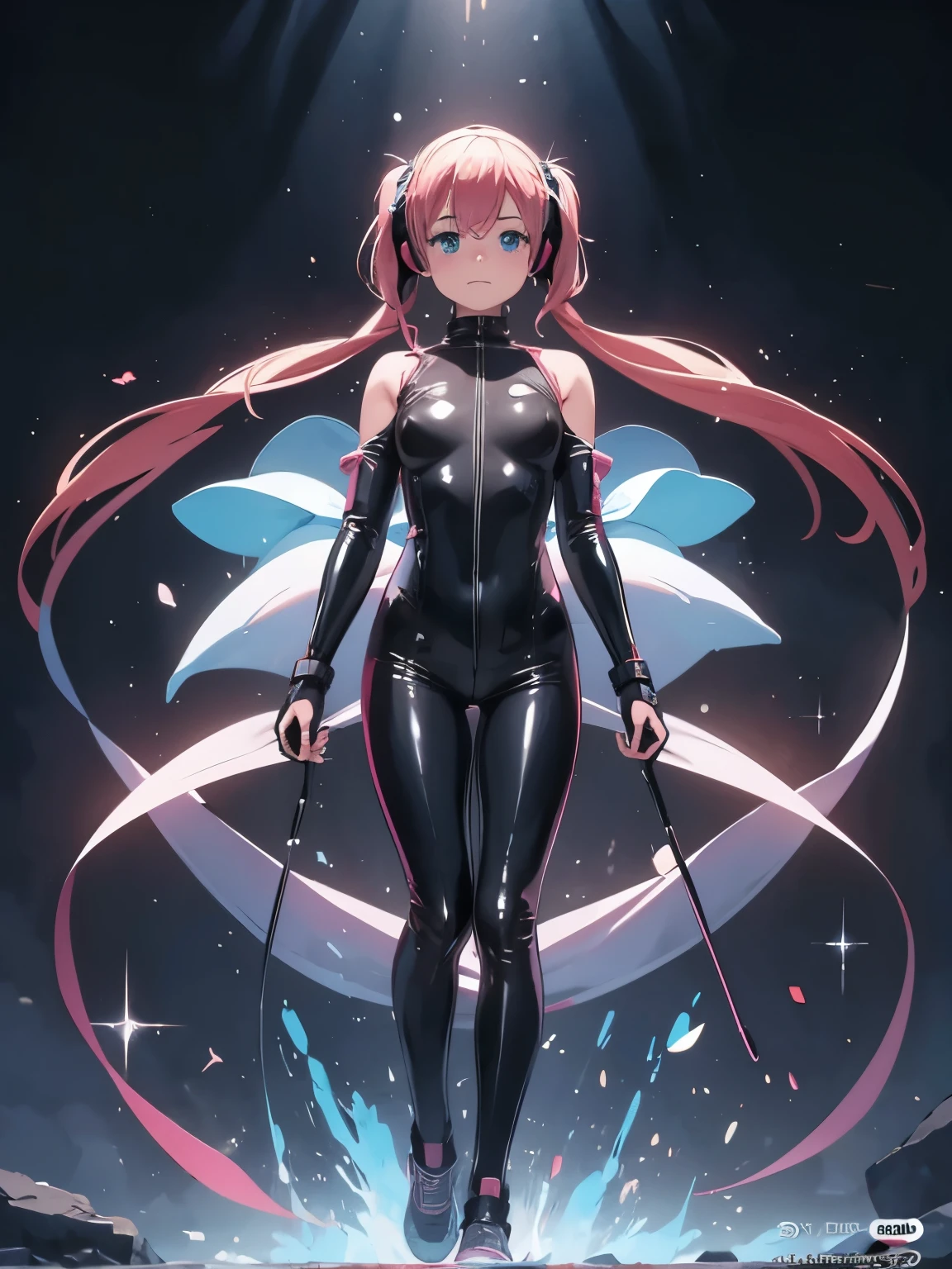 (masterpiece、highest quality、highest quality、Official Art、Beautiful and beautiful:1.2)、(One girl:1.3)Hatsune Miku、Twin tails,Big Breasts,masterpiece, highest quality, 8k, Cinematic Light, Ultra-high resolution, Little, whole body, Cinematic Light, Ultra-high resolution, Little, One girl, Alice \, (Nod\), Pink bodysuit, animal ear headphones, Shiny clothes, Twin tails, Latex bodysuit,