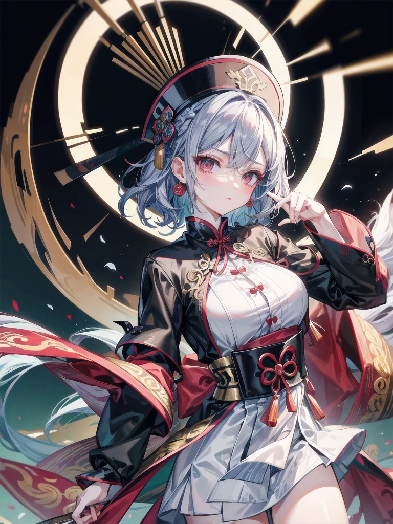 cemetery, dress, braid, chinese clothes, headwear, ofuda, jiangshi, qing guanmao, absurdres, RAW photo, extremely delicate and beautiful, masterpiece, Best Quality, ultra high resolution, 32k, hyperrealistic, ultra-detailed, detailed description, pale skin, 20 years old, tearful mole, earring, Colossal tits, short medium hair, wavy hair, whole body shot,