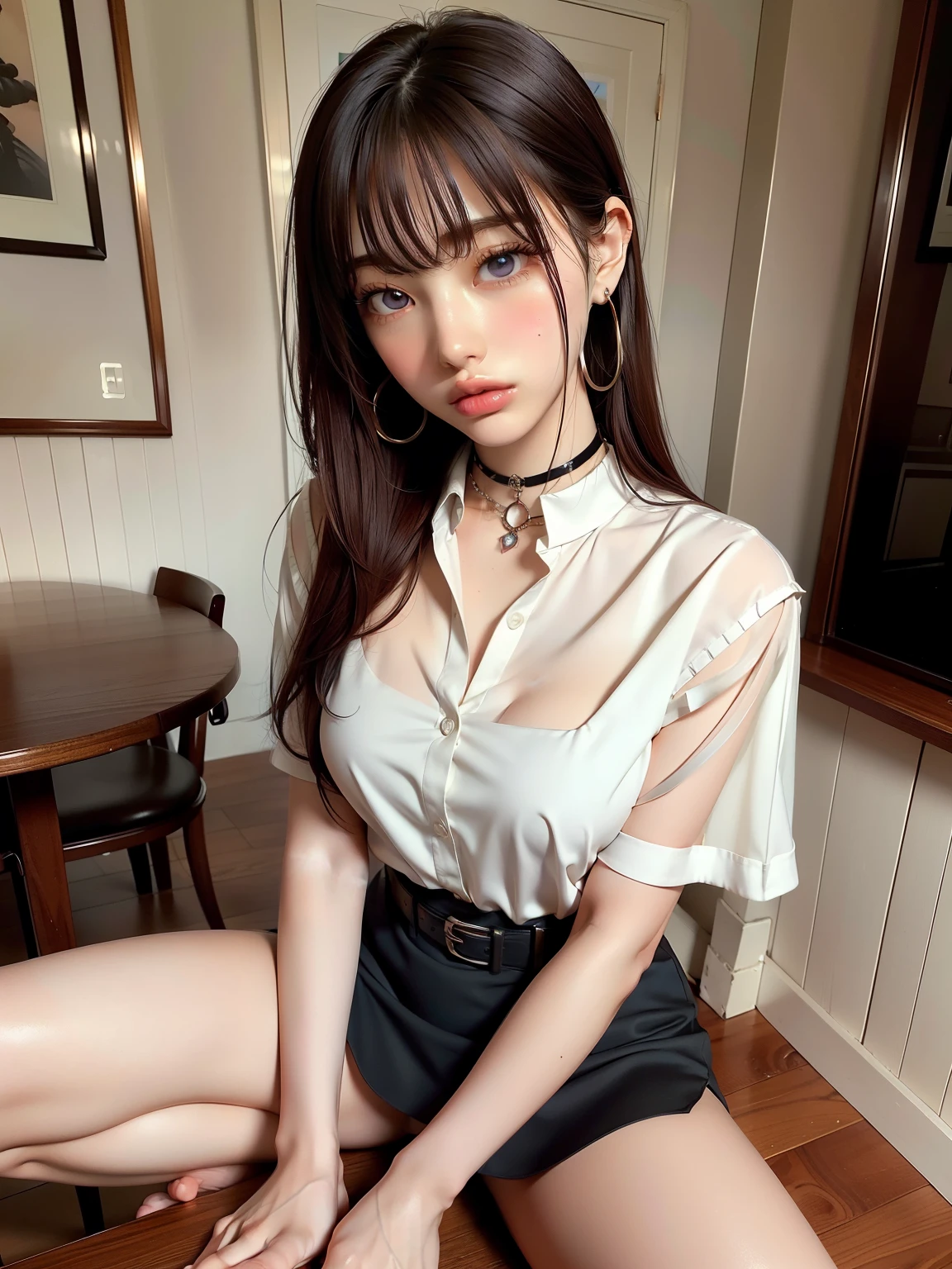 ((beautiful japanese female))、9th class、Masterpiece Top Quality High Resolution , A cafe crowded with many customers、Bustling cafe terrace、Sit in a chair、long bangs、(messy bun hair)、(Blouse with collar、Floral skirt)、beauty legs 、As if looking up from below、Ashamed、((Delicate Photos))，(Detailed RAW photos of girls), (masutepiece:1.25), (Best Quality:1.6), (超A high resolution:1.5), (Photorealistic:1.75), 8K resolution, Canon EOS R5, 50 millimeters, absurderes, ultra-detailliert,Cinematic lighting,(((panties slip off)))、(Please open your legs)