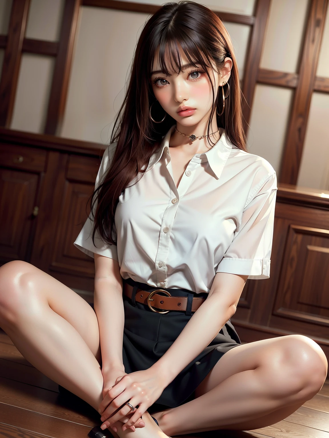 (8K High Resolution), masterpiece, highest quality, Realistic ((Medium Bust)), Hair in one eye, Purple eyes, Very large hoop earrings, Sharp eyes, choker, Red Gemstone Necklace. , (Symmetrical eyes), (Perfectly symmetrical body ), Beautiful 20 year old girl photo, ((Perfectly symmetrical body )), ((In the staff room)), (Black short skirt), University Uniforms, (( Woman The girl is wearing a tight fitting white short sleeve shirt, Button unbuttoned, Her chest is open, showing off her beautiful breasts.)) ((Short black pencil skirt with deep slits in the front of the legs)), (Maharaj Uniform), belt, Bob, Long Hair, Side bangs, golden blonde hair, double eyelid, Sharp eyeliner, Blush Eyeshadow. She has thick eyelashes, Very delicate and beautiful, Round chin, Sharp focus. elegant. She is sitting at a desk that is already full.. Keep your legs apart and your head at eye level. Spread your legs. Lift your right foot over your left foot. Let your legs open naturally. Feet a little apart. Dynamic pose, bracelet, Women's Watches,Small breasts.