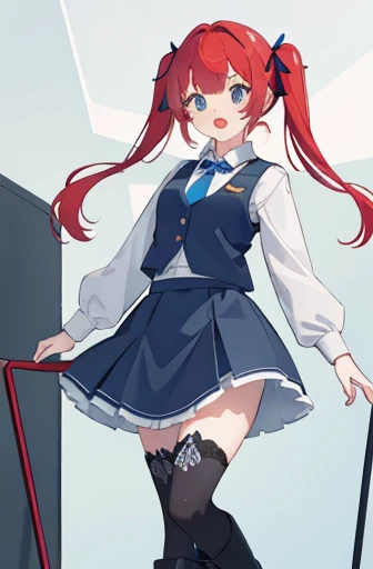 (best quality,highres), 1girl, long blue pigtails, (detailed) red hair ribbons, (beautiful detailed) blue eyes, (beautiful detailed) open mouth, (detailed) blue tie, (detailed) grey vest, (short) black skirt, (detailed) black boots