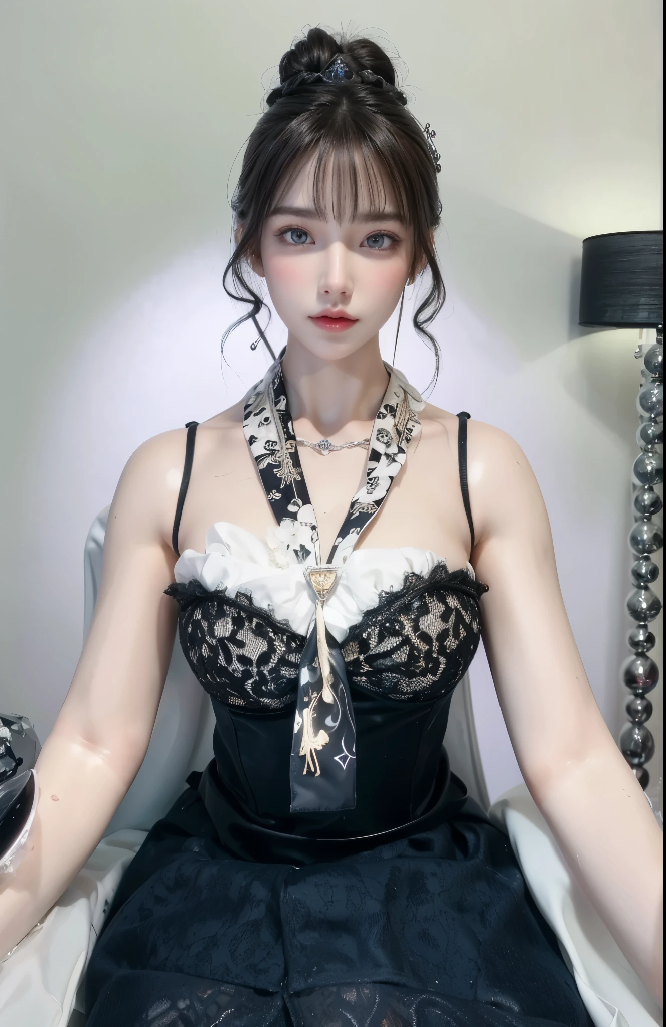 Game Art，Best image quality，Maximum resolution，8k，(A half-length photo)，(portrait)，(Head close-up)，(Rule of Thirds)，Unreal Engine 5 rendering works，20 year old girl，((Queen))，The eyes are very detailed，(Large Breasts)，Elegant and noble，Light，Light line tracing，Game CG，((3D Unreal Engine))，OC rendering reflection mode，4K，Ultra-clear，Sensual，Translucent lace，Fair and plump figure，Pretty Face，Light Gel Coat，The Queen in a luxurious dress，Crystal Gem Crown，Necklace jewelry，blue eyes，Black tattoo(whole body)，The tattoo is very three-dimensional，Gorgeous and intricate tattoo designs，Ultra-clear portrait，Sexy body，Wear a gorgeous black skirt，sit on the chair