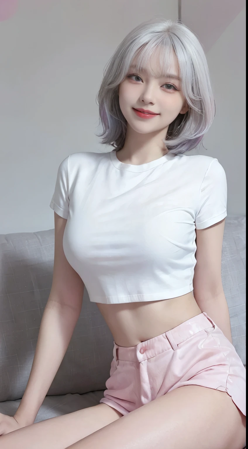 Best image quality、RAW Photos、超A high resolution、21 years old Korean、Small breasts、Dynamic Angle、Cowboy Shot、Chaos in its most beautiful form、elegant、Brutalist Design、Vibrant colors、Beautiful white hair、Short Bob、smile、fun、smile、Glowing White Skin、Beautiful eyes with random colors、Very thin lips、Beautiful eyes in every detail、length, Narrow eyes、Cheeks are pale pink、length eyelashes、Beautiful double eyelids、eye shadow、Bright white hair、Crop top、See-through outerwear、hot pants、bed、Shooting from the side、Sitting on a colorful sofa、