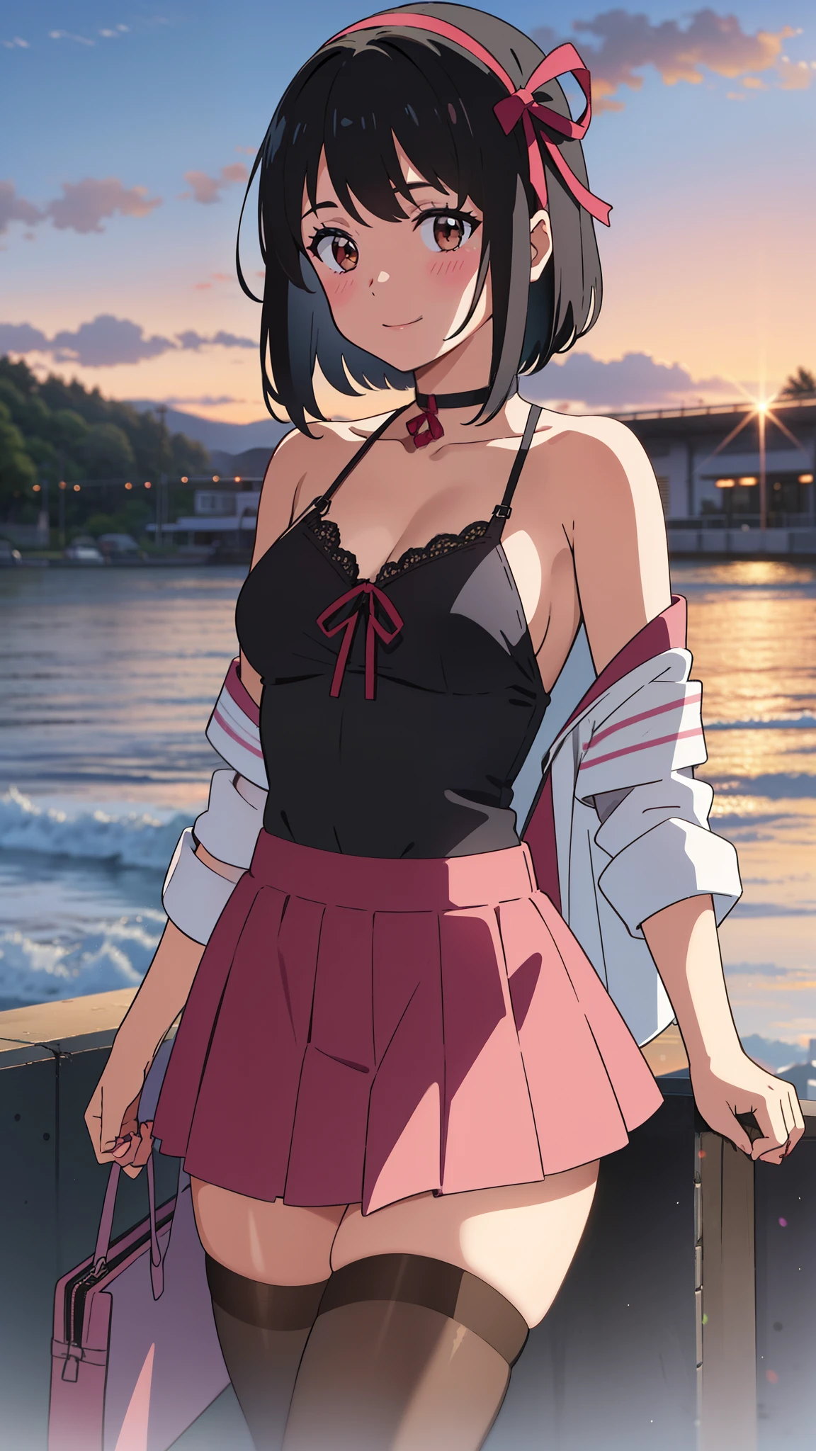 shinkai makoto, kimi no na wa., 1girl, bangs, black hair, blush, brown eyes, idol, idol clothes, collarbone, red headband, red ribbon, bow hair ornaments, open jackets, black bikini, pink skirt, short skirt, Off-the-shoulders, black thighhighs, short hair, smile, cute, solo, outdoors, sunset background, sunlight, evening