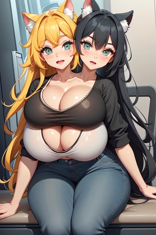 2heads, a short chubby woman with 2 heads. She has massive breasts. She is sitting in a bedroom. She looks drunk. Her breasts are enormous. She is wearing a bra and jeans. She has gigantic breasts. She looks spunky. She looks flirtatious. She is seductive. She has huge breasts. She has long hair. She is blushing. She has freckles.