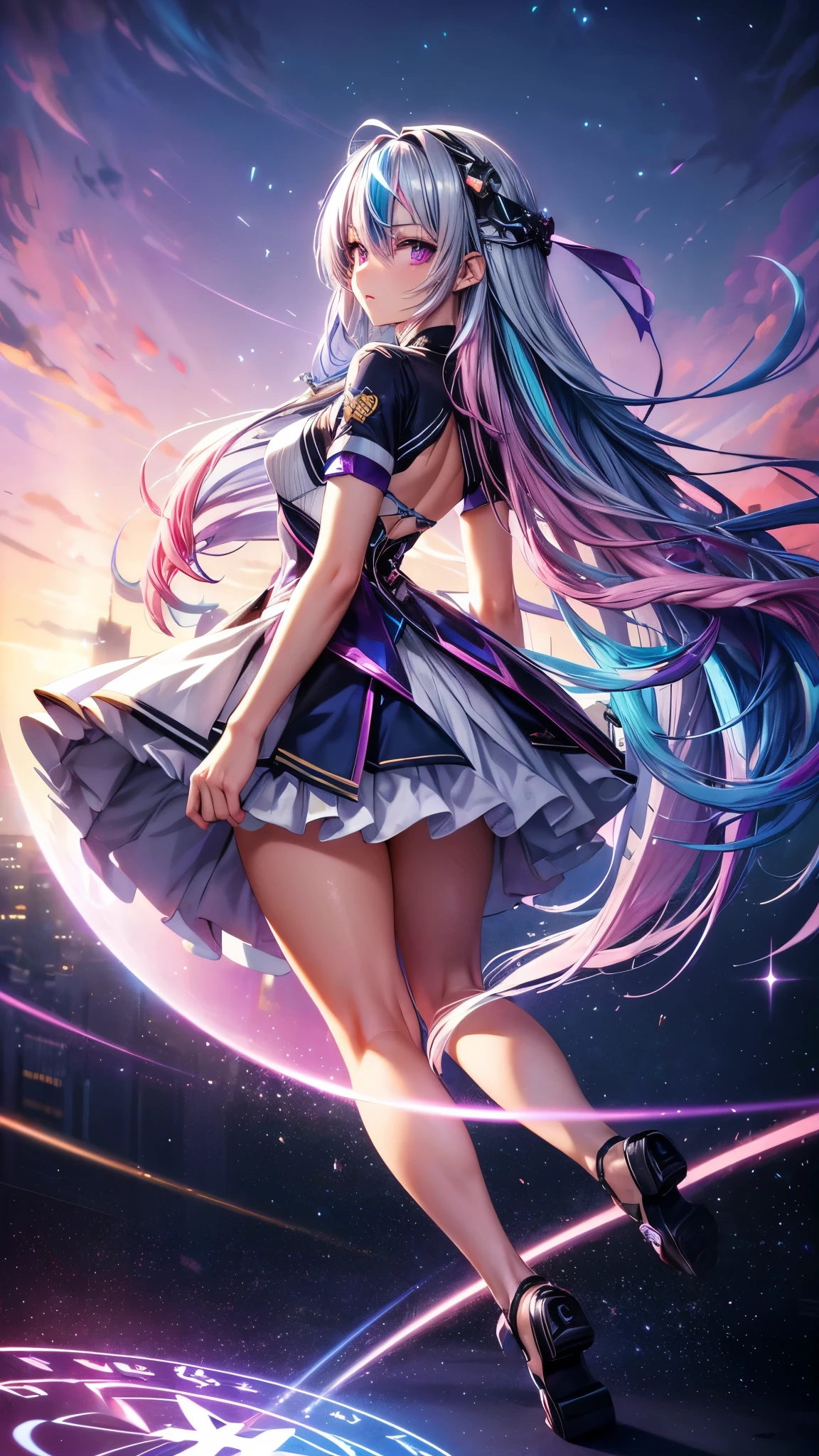 1 girl, one person, (Silver blue hair streaked pink purple:1.4), (Gradient sky blue hair ends:1.6), hair strand, absurdly long hair, single sidelock, wavy hair, shiny hair, floating hair, (Illusion deep purple eyes), delicate eyes, aqua eyes, High like real eyes, ((glowing eyes)), makeup, Focus on face, Very detailed facial, hot body, Random environment, Random pose, on the street, looking at the starry night sky, meteor, Technical clothing masterpiece, White extra long skirt, universe, several cross stars beside, Colored lights swirl around the body, (((Extra super huge colorful extra super complex multiple glowing magic circle upright on the back of the head))), cyberpunk, full body shot, realism anime, chiaroscuro, (glowing light), sparkle, ray tracing, cinematic lighting, Futurism, motion blur, perfect transition, god rays, atmospheric perspective, best quality, UHD, super detail, masterpiece, highres, ccurate, retina, Octane Render