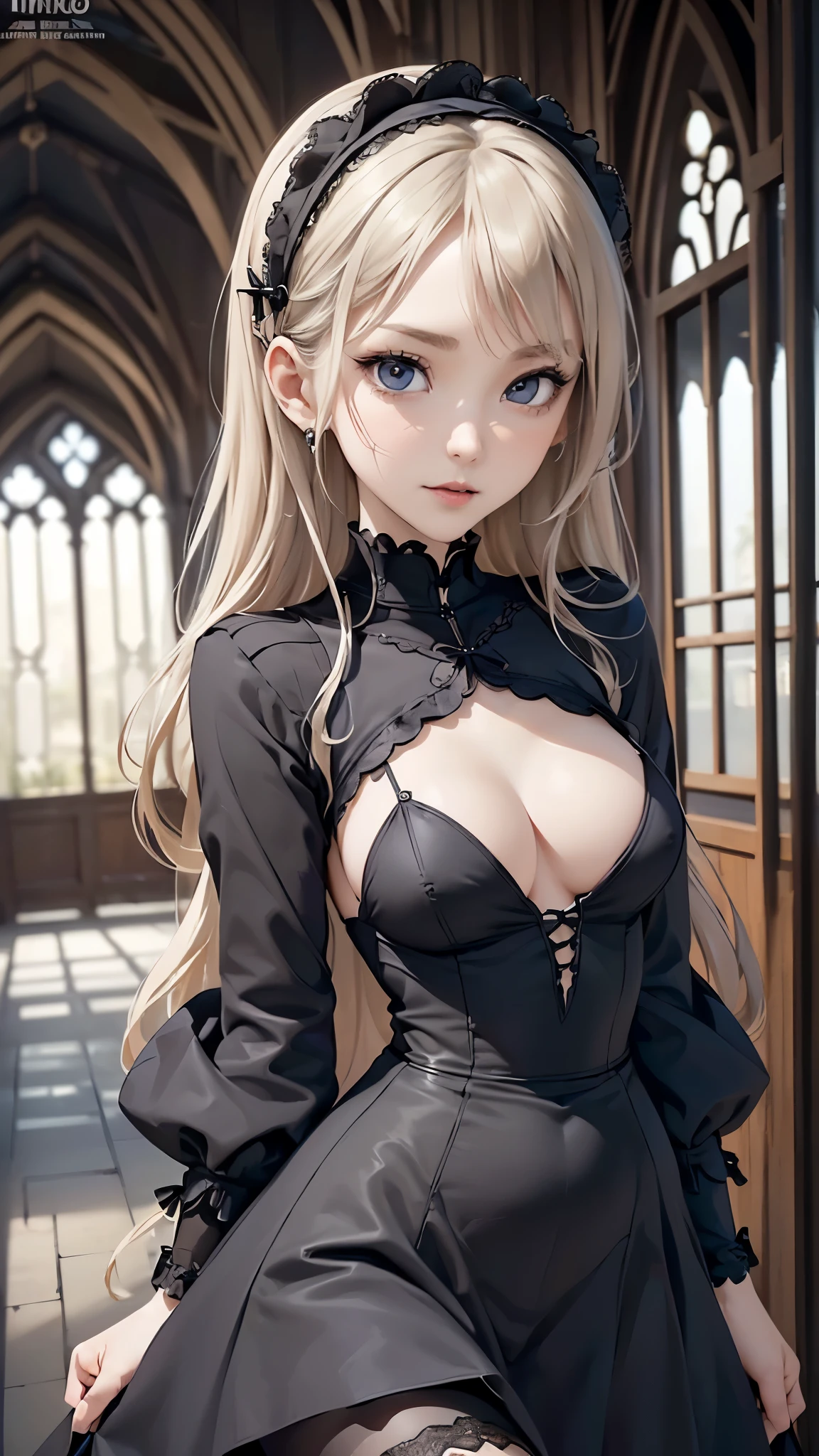 ((Biologically correct limb count))、(( Illustrations including faces))、4K、Masterpiece、((Focus on the face))、((Symmetrical, well-proportioned facial features))、Eyes with delicate depictions、Beautiful woman、Outstanding style、Slender Body、((Gothic Dress、Gothic ta)、stockings、High heels)、Inside the long tunnel、((Upper body close-up))、(Shy)